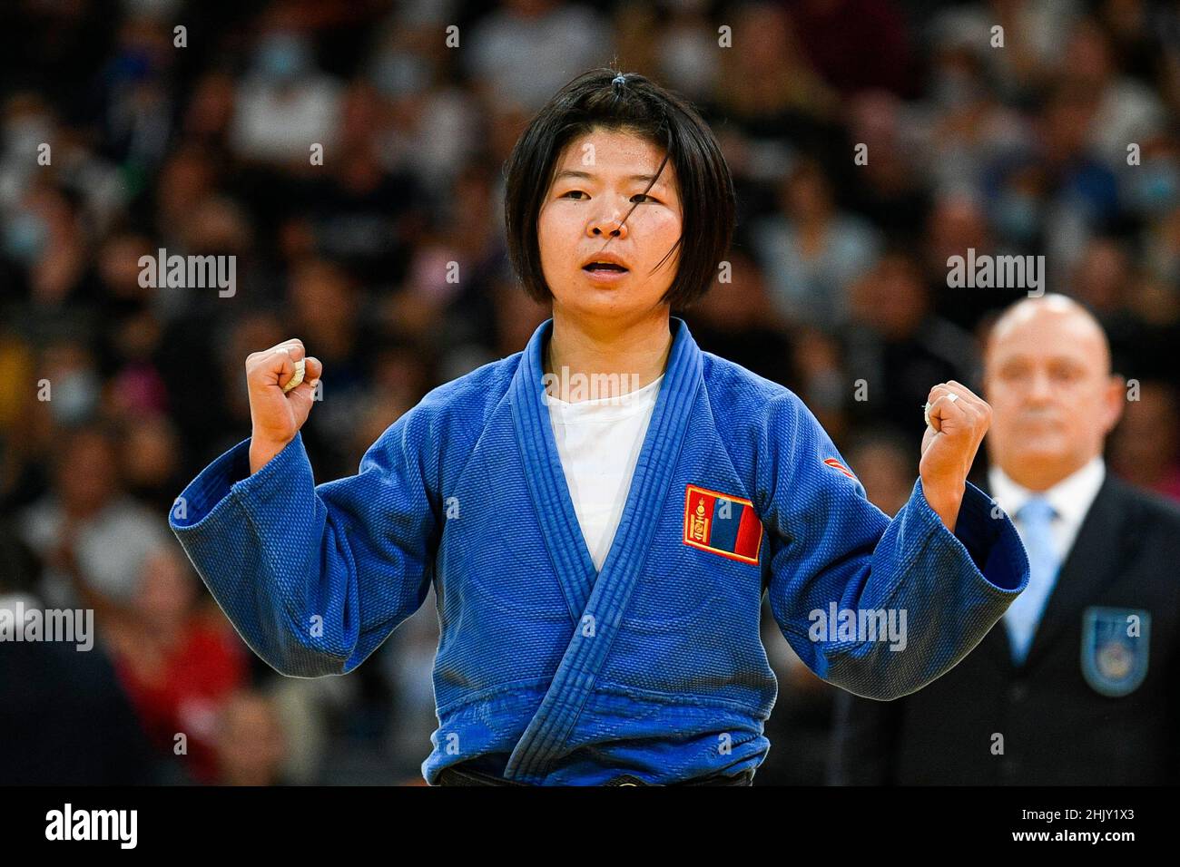 Women -52 kg, Khorloodoi BISHRELT of Mongolia bronze medal celebrates during the Paris Grand Slam 2021, Judo event on October 16, 2021 at AccorHotels Stock Photo