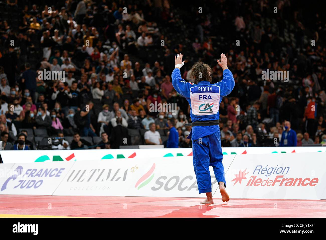 Men -73 kg, Theo RIQUIN of France Silver medal competes and celebrates during the Paris Grand Slam 2021, Judo event on October 16, 2021 at AccorHotels Stock Photo