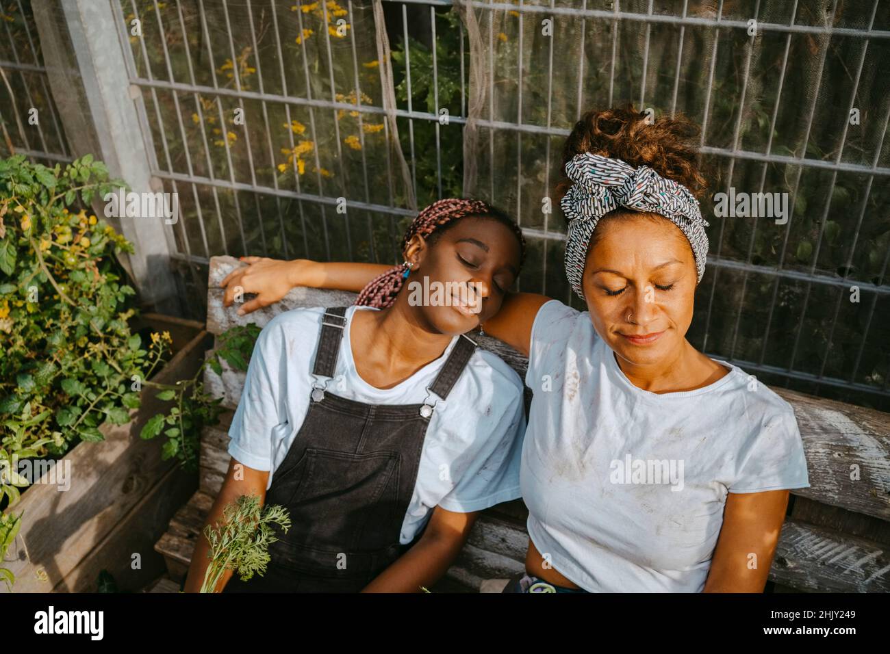 Female volunteers with eyes closed relaxing at community garden Stock Photo
