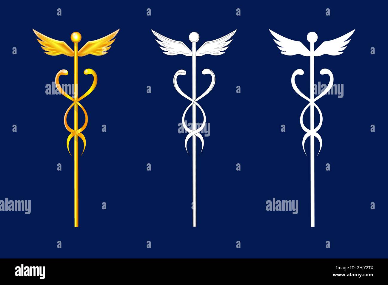 Caduceus, winged wand with serpents, of Hermes, Mercury, Greek or Roman god of commerce. Trade symbol Stock Vector
