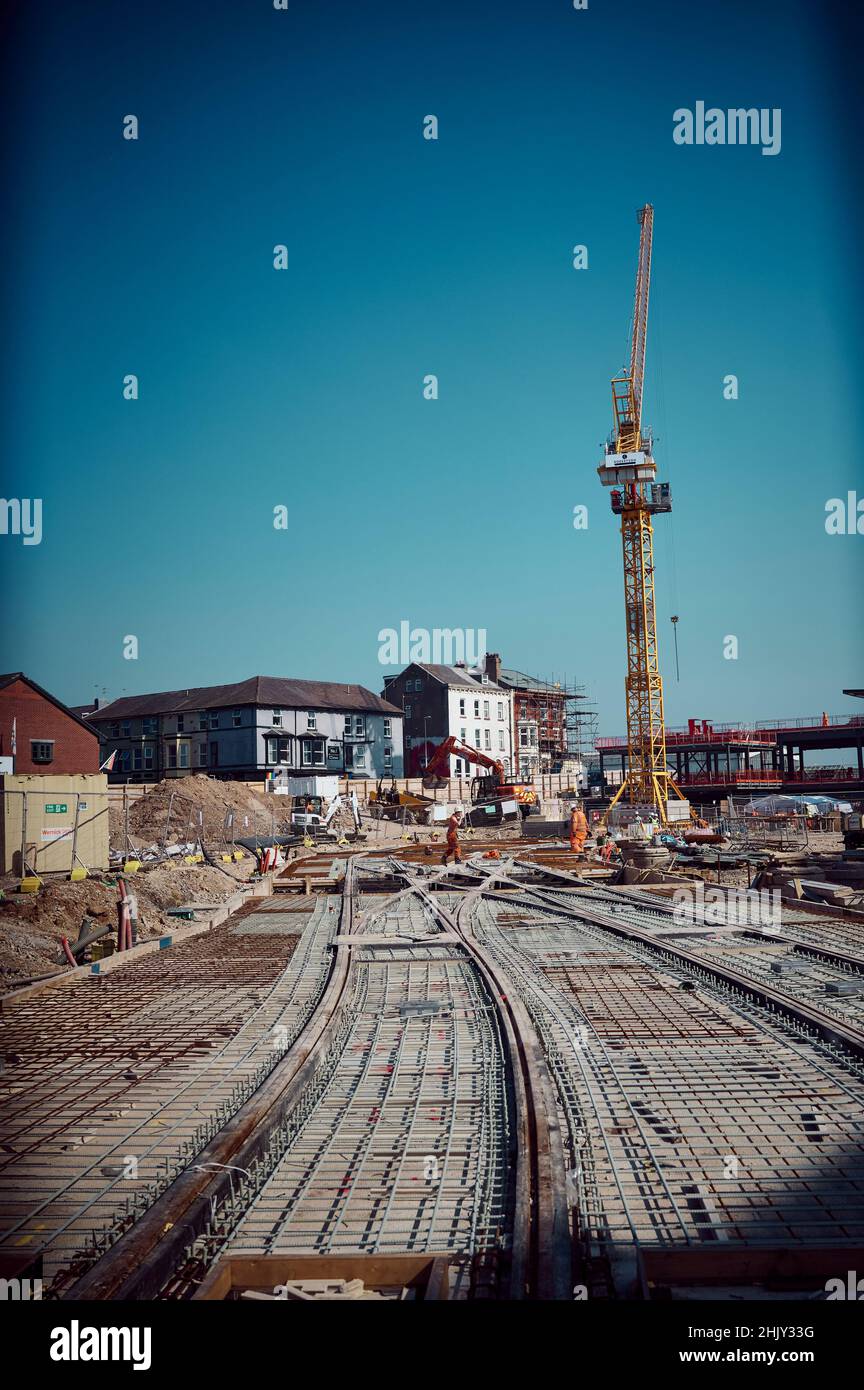 Construction of the new tram terminus adjacent to North railway station in Blackpool Stock Photo