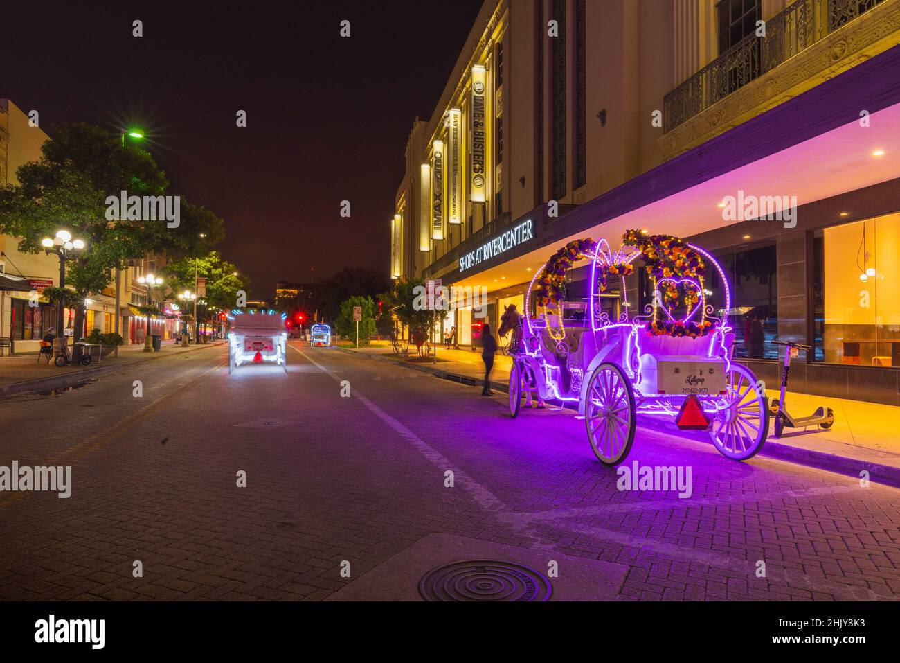 San Antonio, TX—Oct 27, 2021; horse drawn carriages decorated with