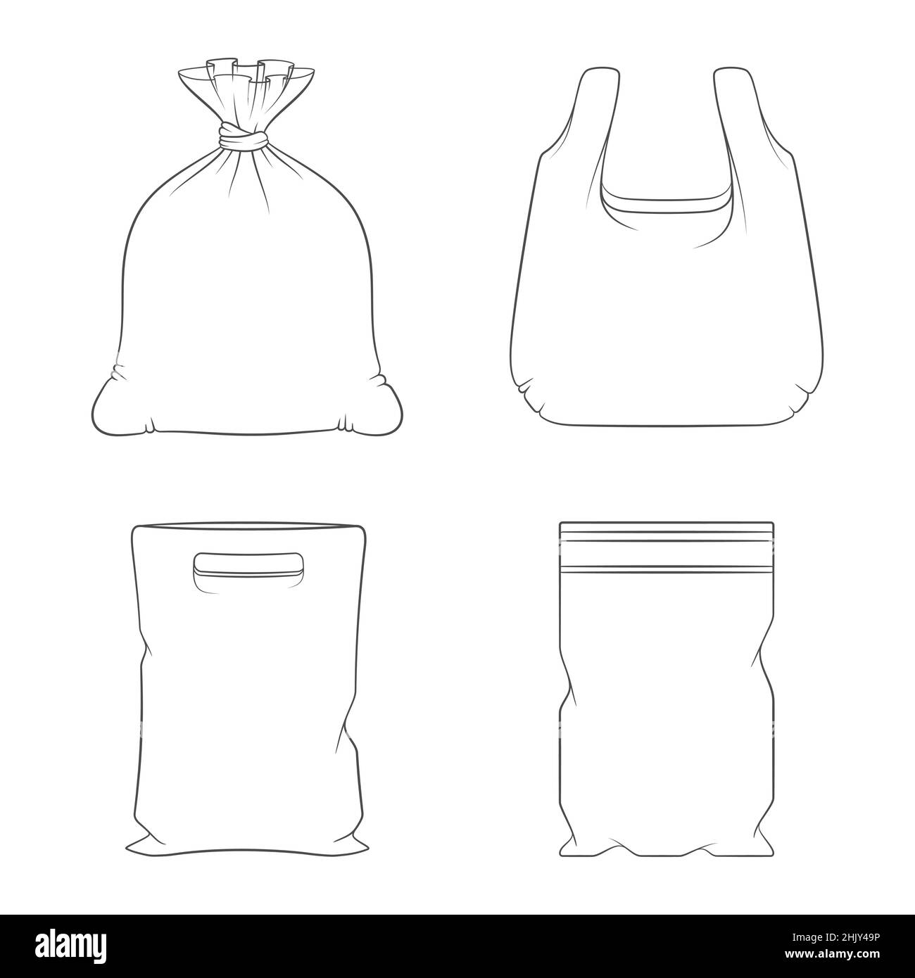 Set of black and white illustrations with plastic packages, bags. Isolated vector objects on a white background. Stock Vector