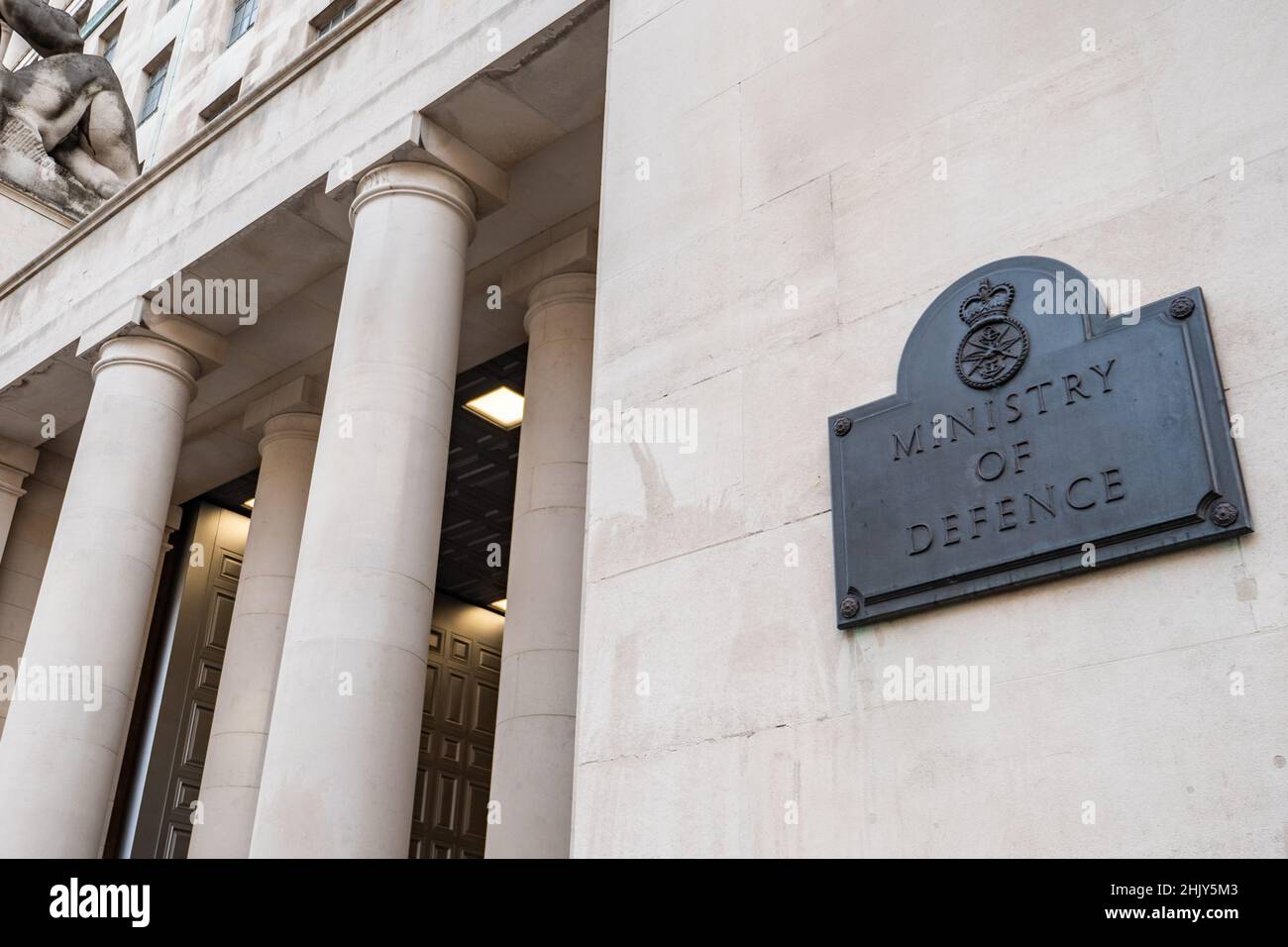 Ministry of Defence, London. Signage to the UK government military department known as the MOD in Whitehall, the heart of UK politics and governance. Stock Photo