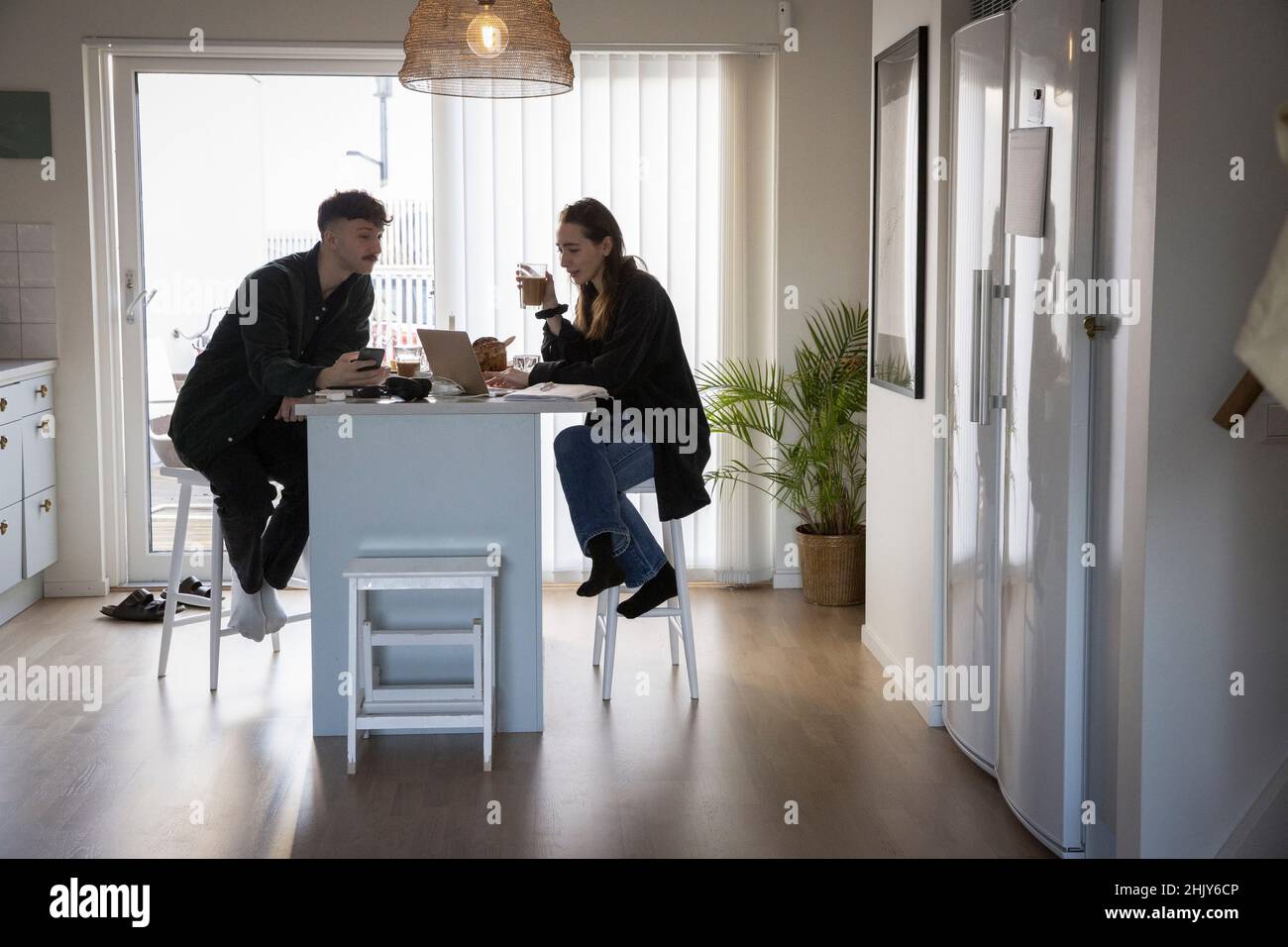 Young couple freelancing using laptop at home Stock Photo