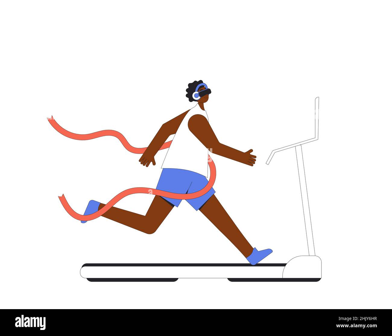 Virtual reality. Running man on treadmill at home with VR headset glasses. Victory dreaming. Vector illustration. Stock Vector