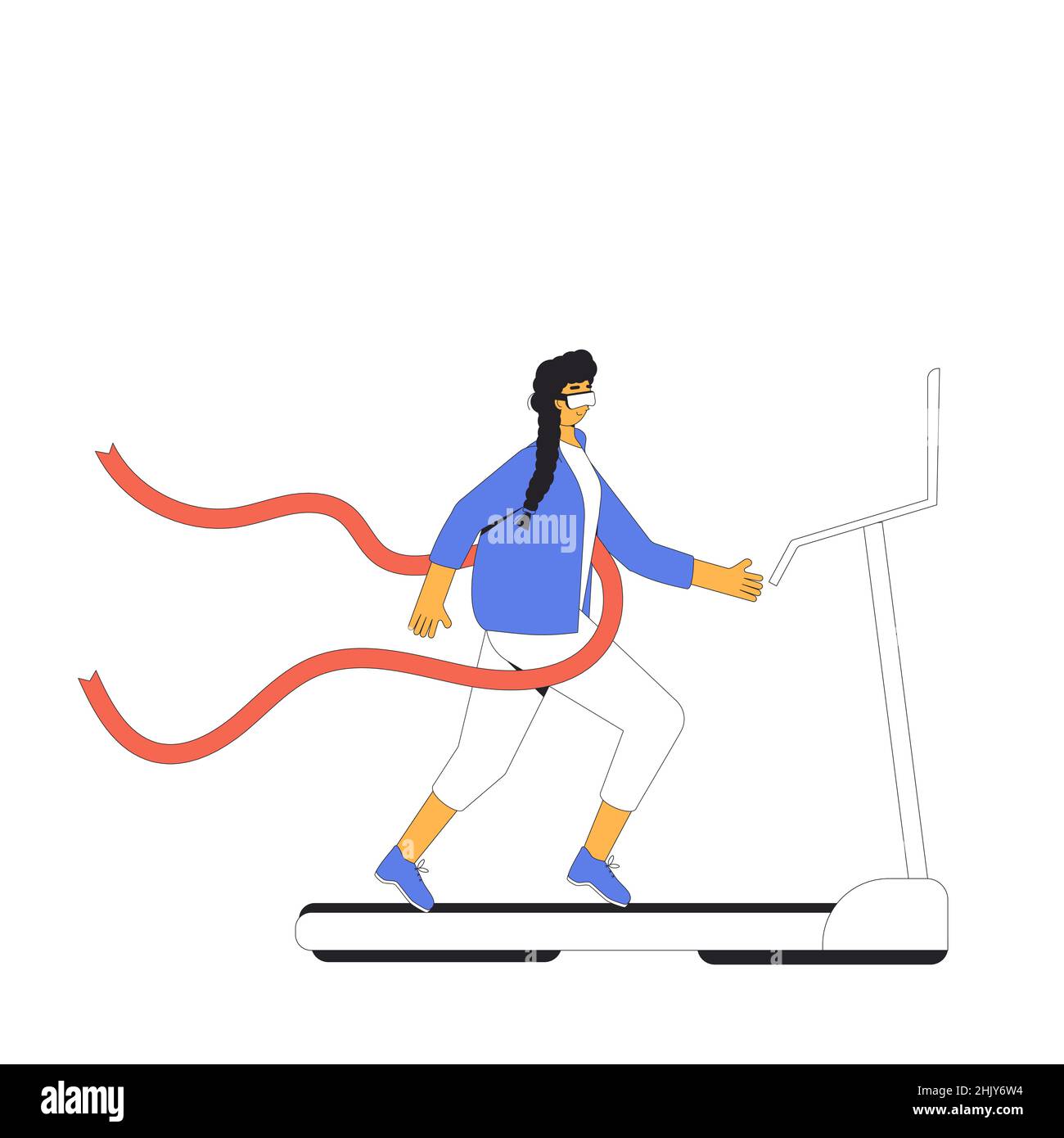 Virtual reality. Running woman on treadmill with VR headset glasses. Victory dreaming. Vector illustration. Stock Vector
