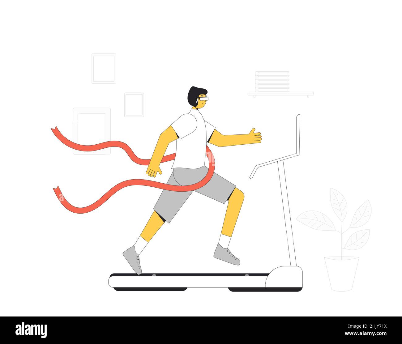 Virtual reality. Running man on treadmill at home with VR headset