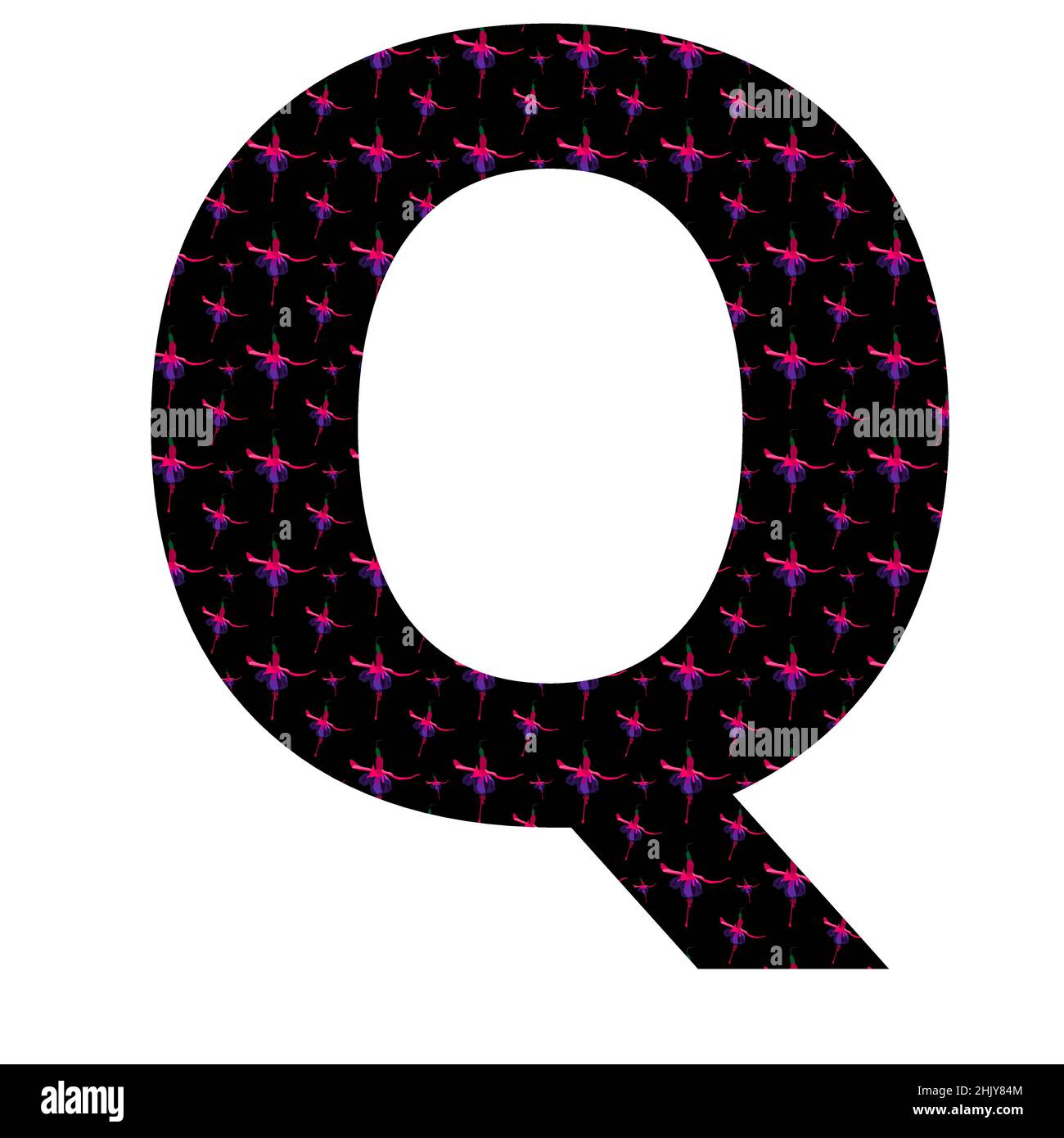 letter Q of the alphabet made with a pattern of pink fuchsia flowers on a black background, isolated on white background, vector Stock Vector