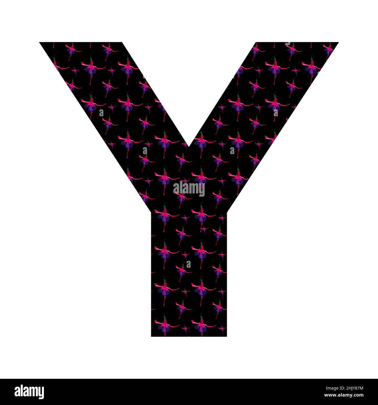 letter Y of the alphabet made with a pattern of pink fuchsia flowers on a black background, isolated on white background, vector. with colors pink, re Stock Vector