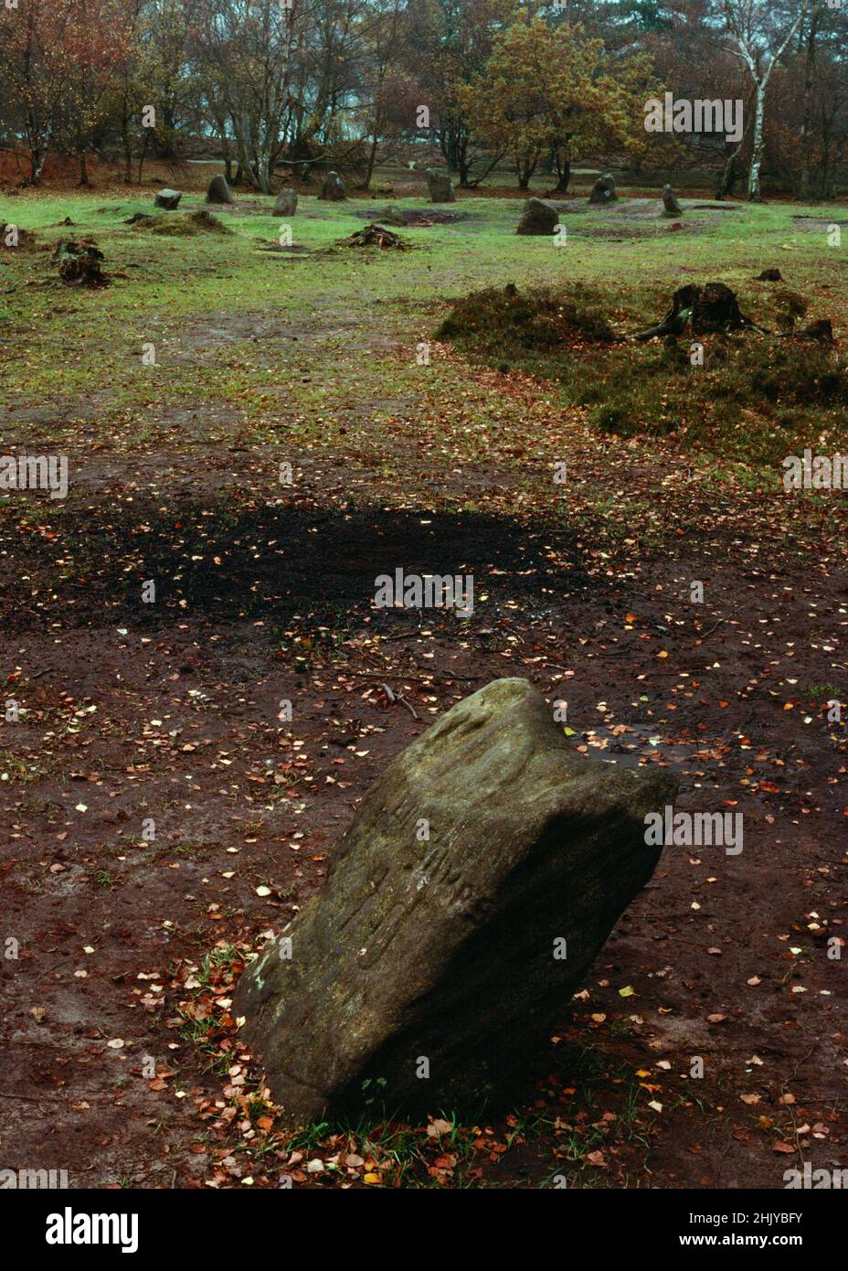 Looking ENE from the King Stone to the Nine Ladies stone circle on Stanton Moor, Derbyshire, England, UK. The Bronze Age circle stands within a bank. Stock Photo