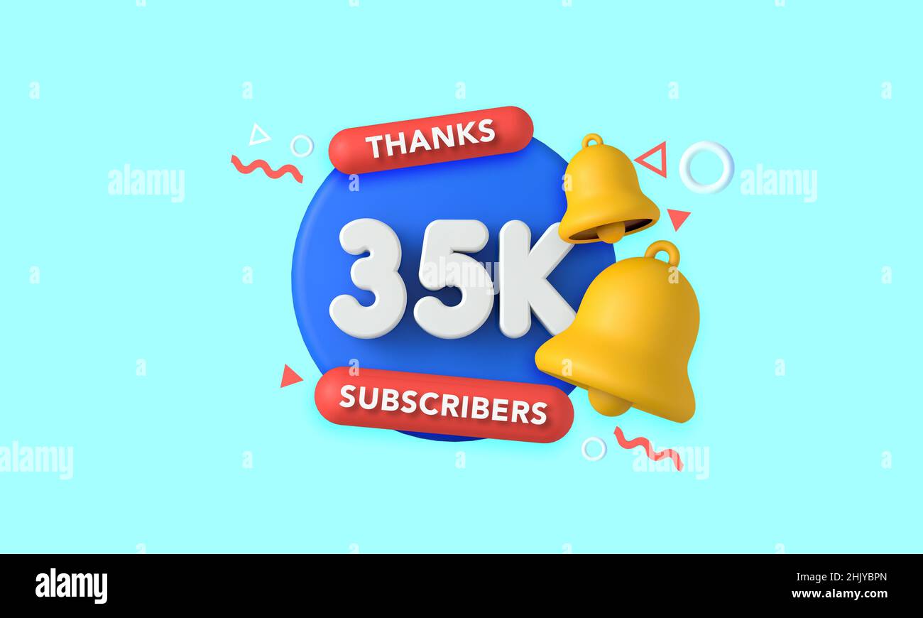 Thank you 35 thousand subscribers. Social media influencer banner. 3D Rendering Stock Photo