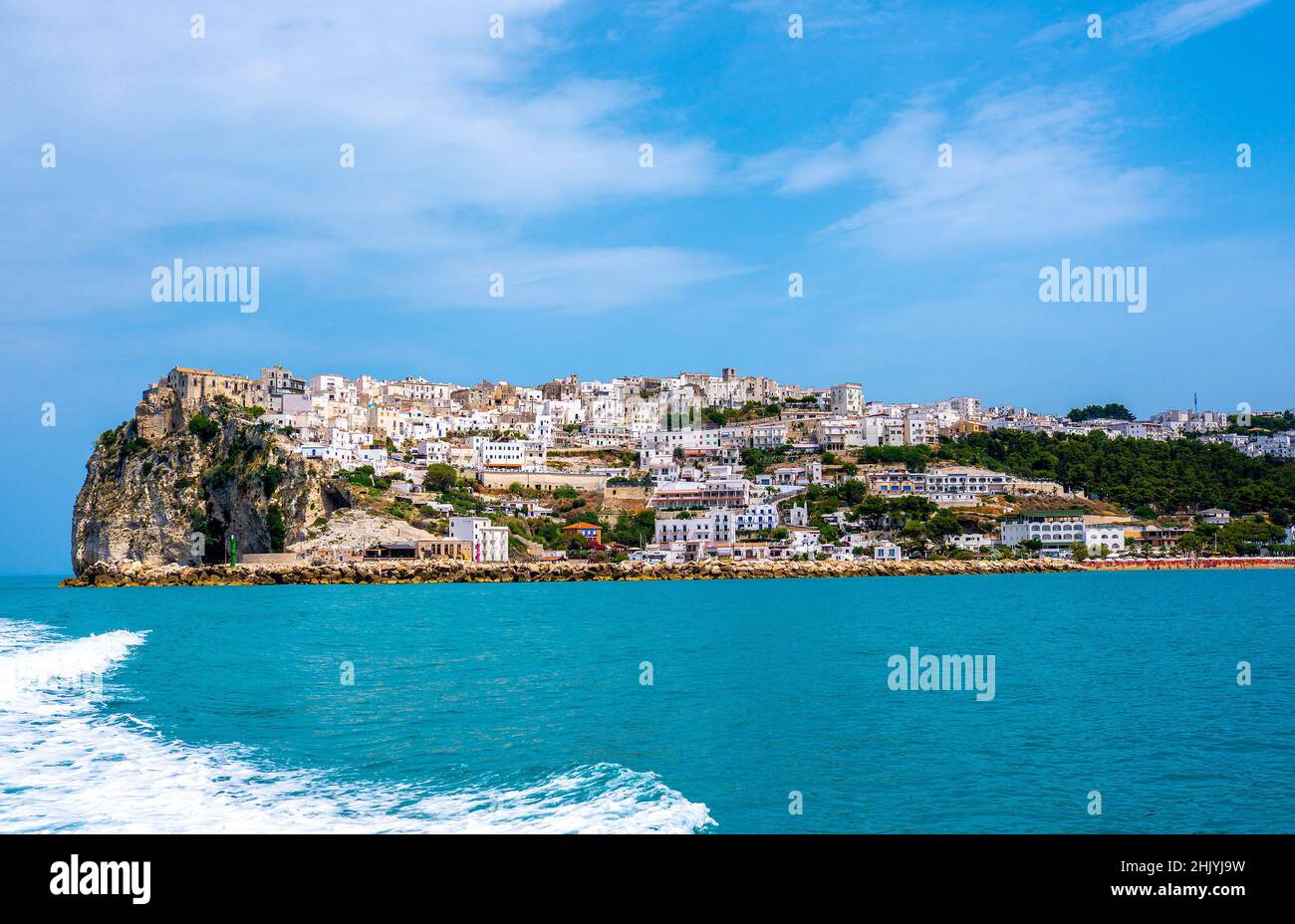 Peschici village of Gargano in Puglia region south Italy - picturesque view from adriatic sea Stock Photo