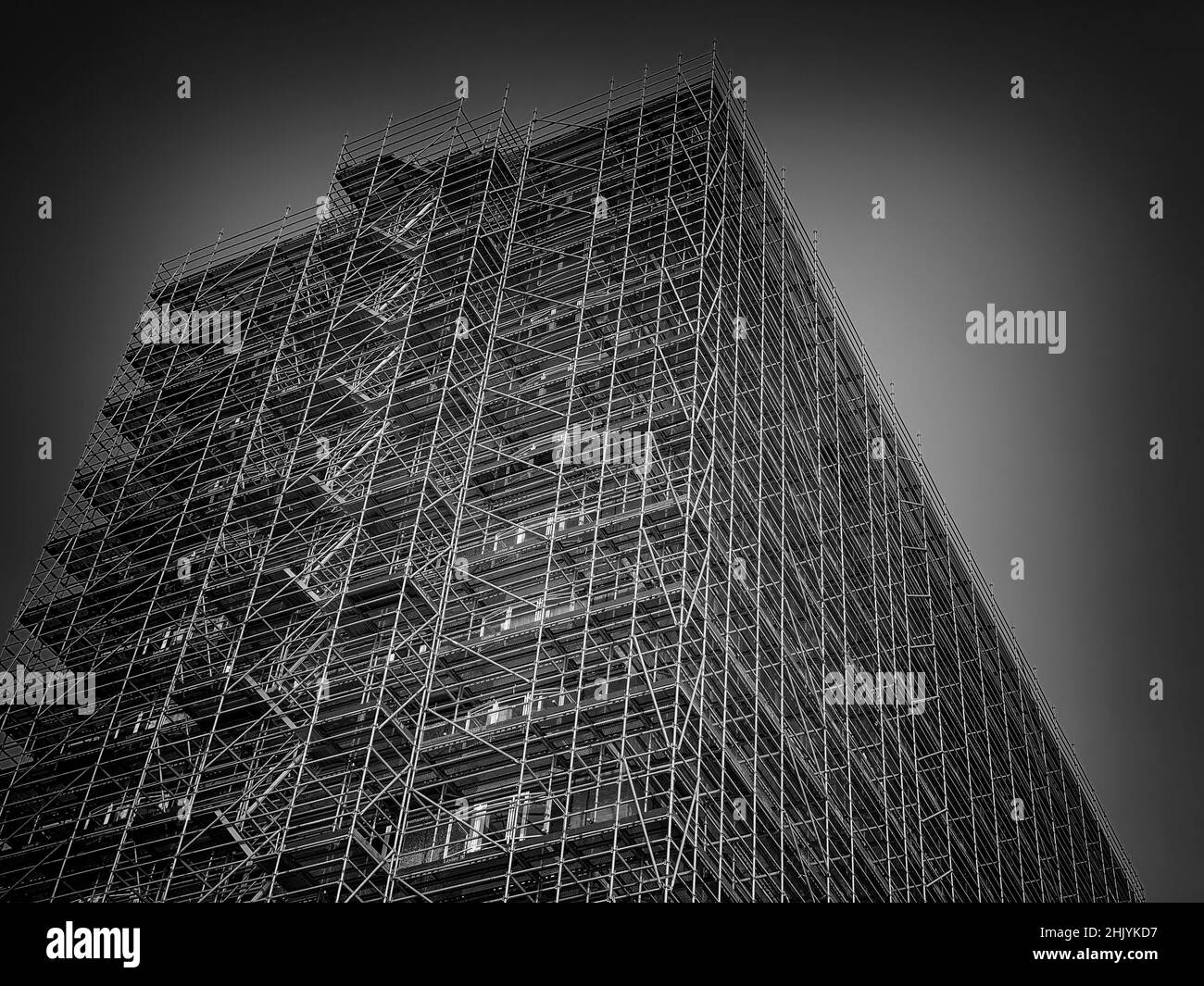 An Atmospheric Monochrome Image of Tower Court, a High-rise Block of Flats in Westcliff-on-Sea Completely Clad in Scaffolding Stock Photo