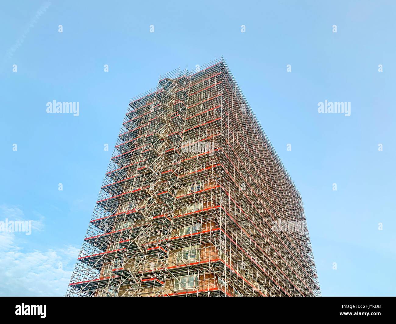 Tower Court, a High-rise Block of Flats in Westcliff-on-Sea Completely Clad in Scaffolding Stock Photo