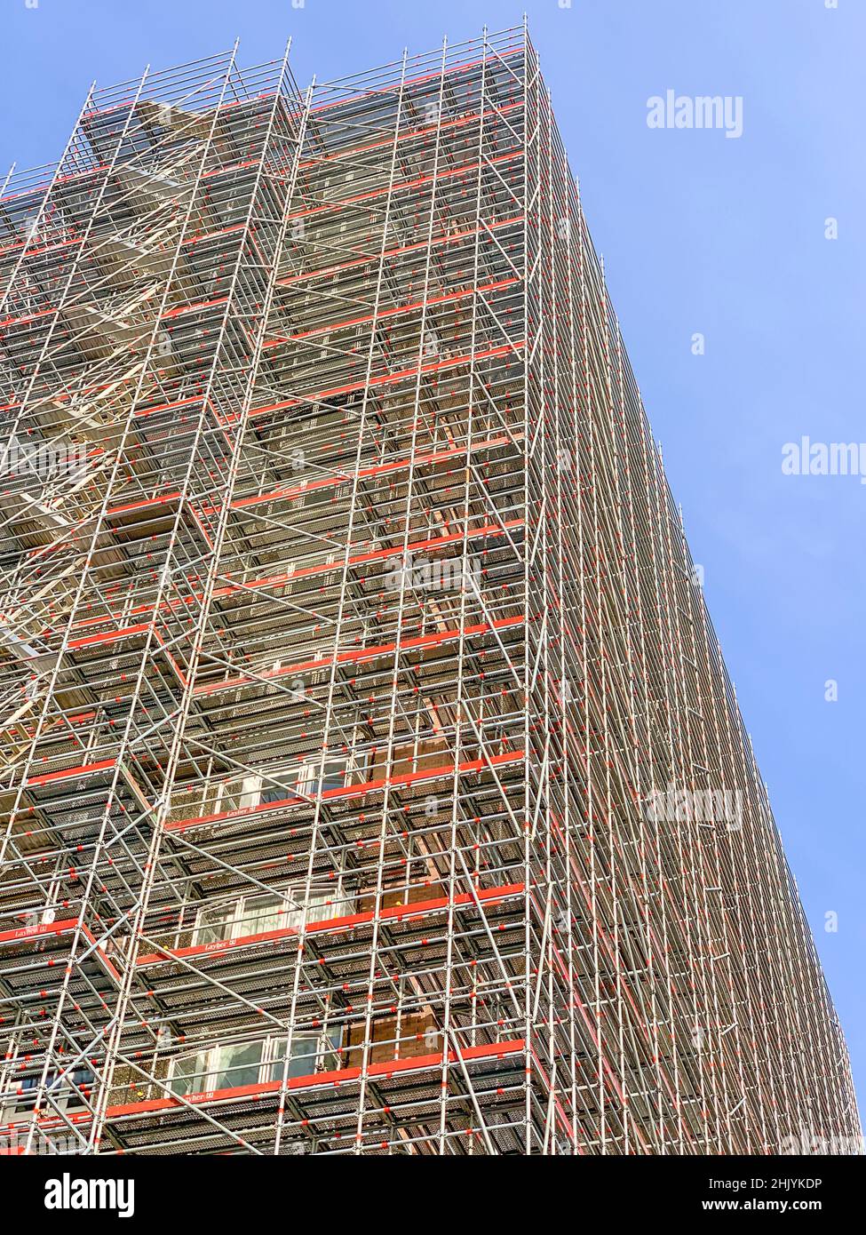 Tower Court, a High-rise Block of Flats in Westcliff-on-Sea Completely Clad in Scaffolding Stock Photo