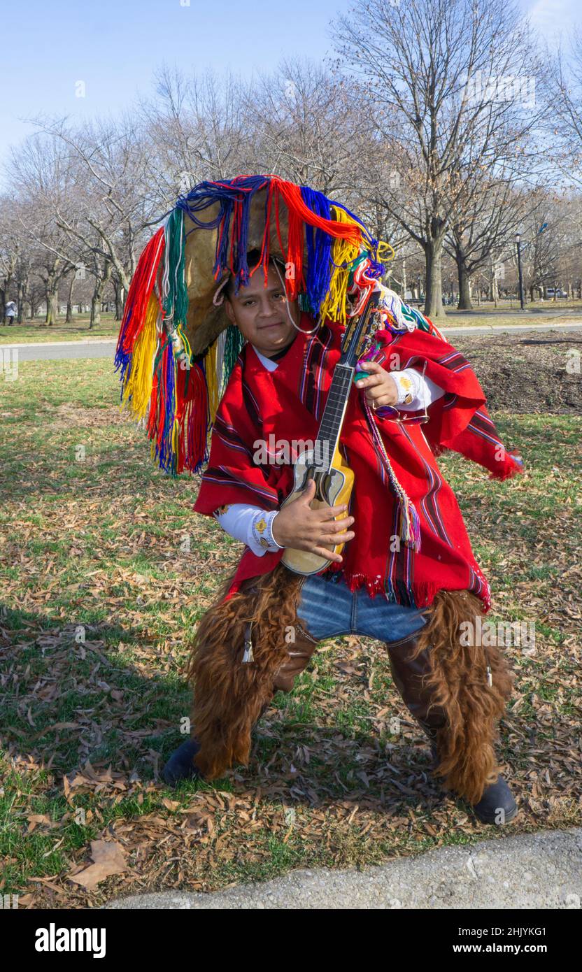 Posed portrait of an Ecuadorian new Yorker participating in a dance & music video in a park in Queens, New York. Stock Photo