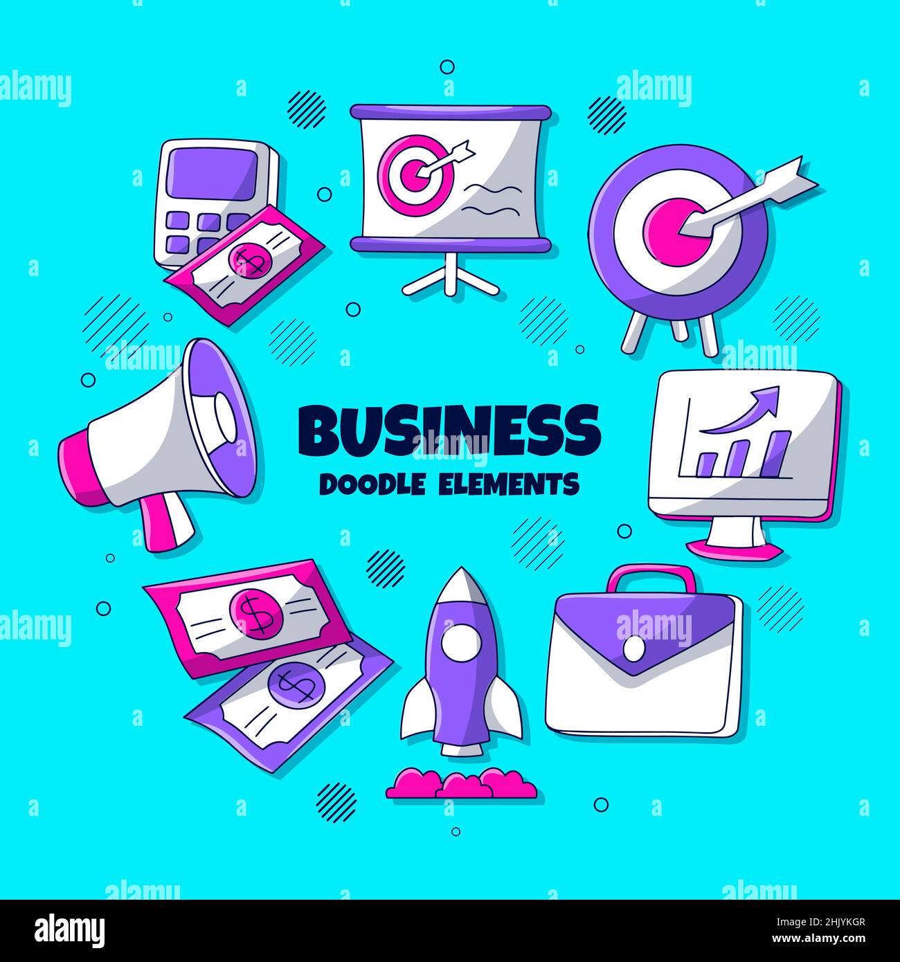 Business element set with colored hand drawn doodle style Stock Vector