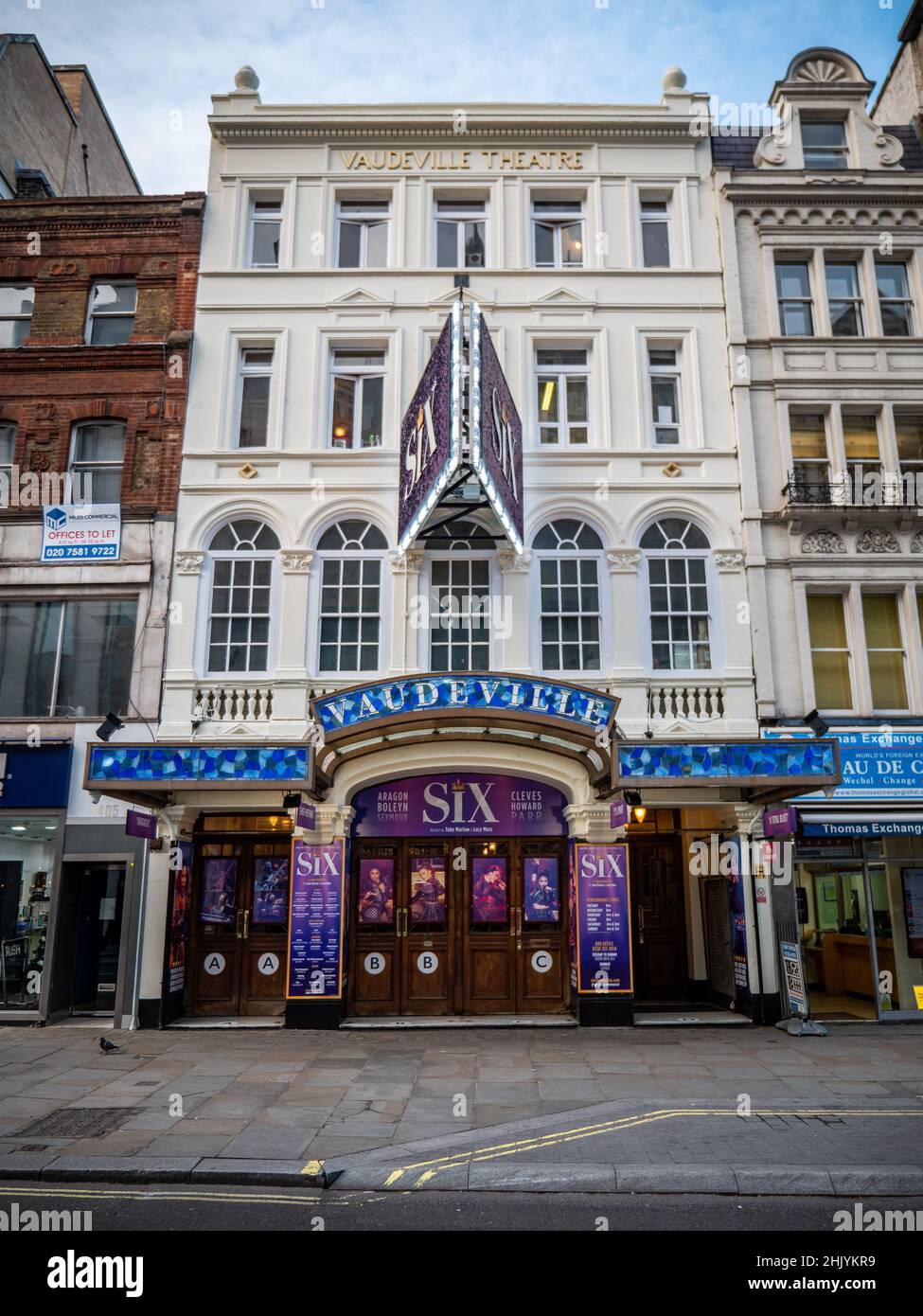 The Vaudeville Theatre, London. The façade to the West End theatre on the Strand with the musical, Six, in production. Stock Photo
