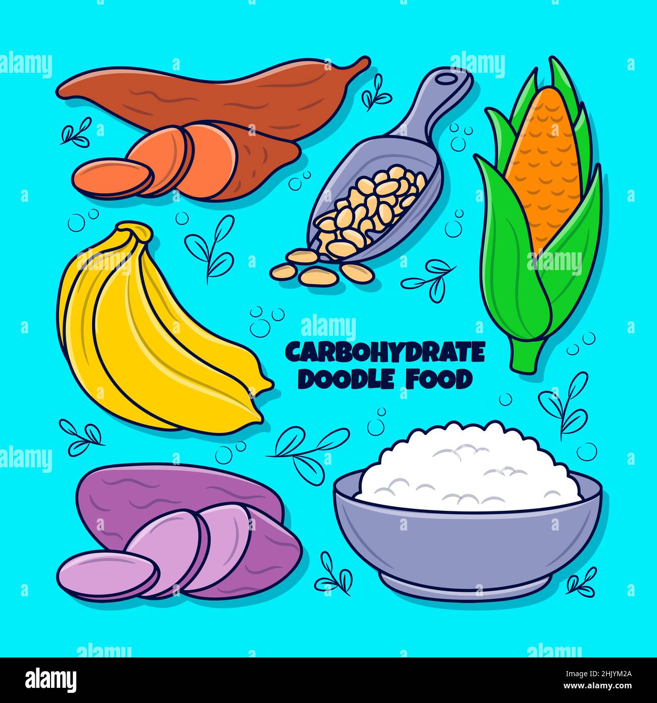 Carbohydrate food element set with colored hand drawn illustration Stock Vector
