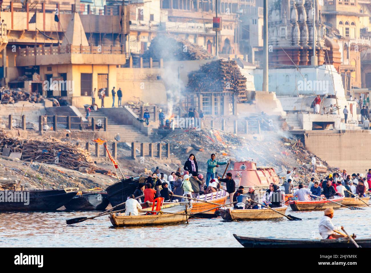 Funeral pyres burning on Manikarnika Ghat at Varanasi (formerly Banaras