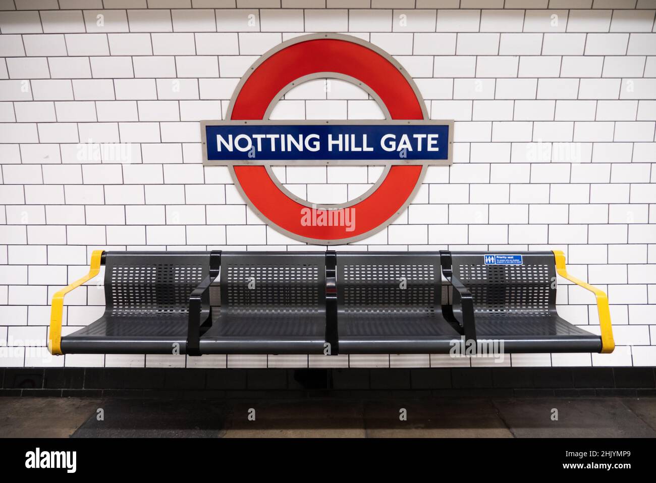 Notting Hill Gate tube station. The identifying roundel sign on the ...