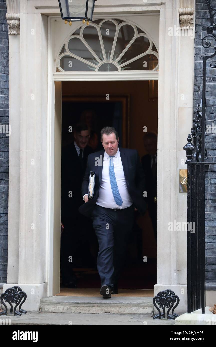 London, UK. 1st Feb, 2022. Chief Whip Mark Spencer and Jacob Rees-Mogg leave after the weekly Cabinet Meeting at No 10 Downing Street. Credit: Uwe Deffner/Alamy Live News Stock Photo