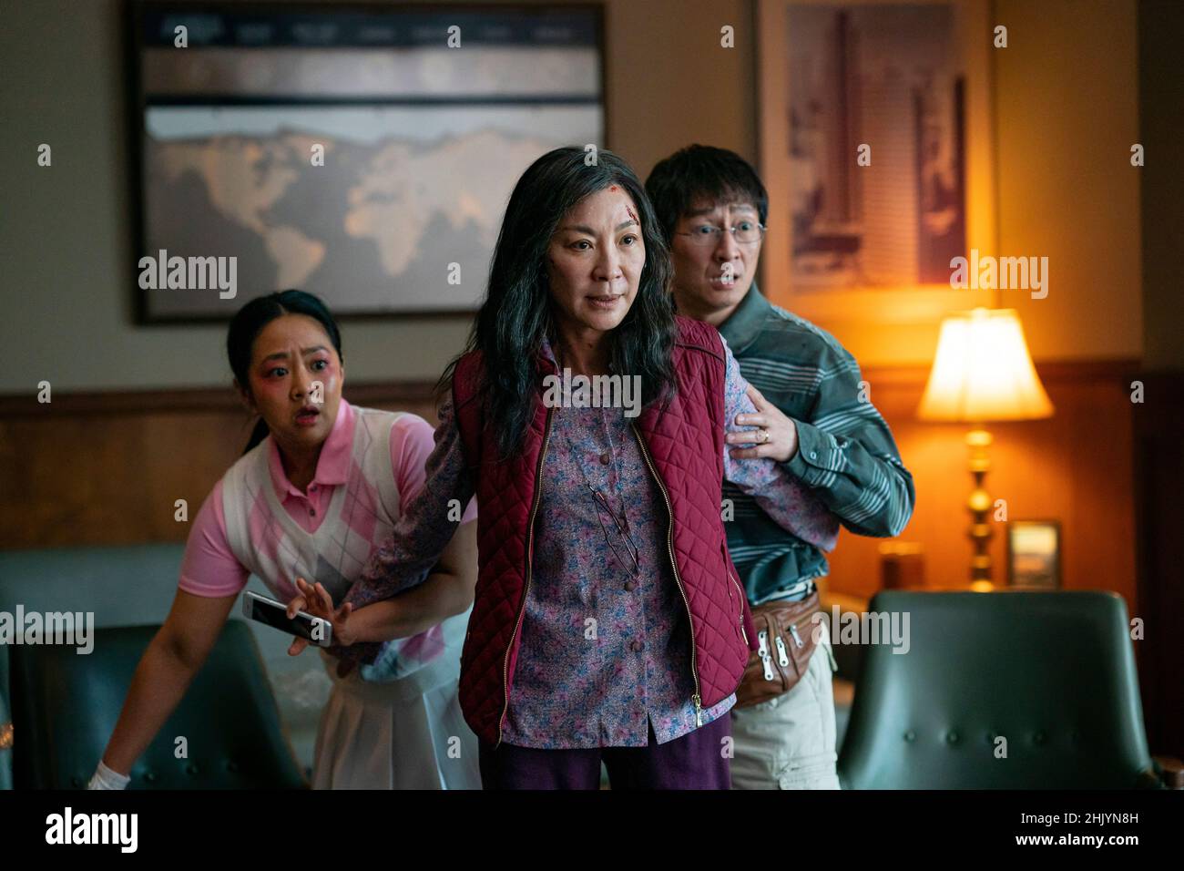 Everything Everywhere All at Once (2022) directed by Dan Kwan and Daniel Scheinert and starring Michelle Yeohm, James Hong and Jenny Slate. An aging Chinese immigrant is swept up in an insane adventure, where she alone can save the world by exploring other universes connecting with the lives she could have led. Stock Photo
