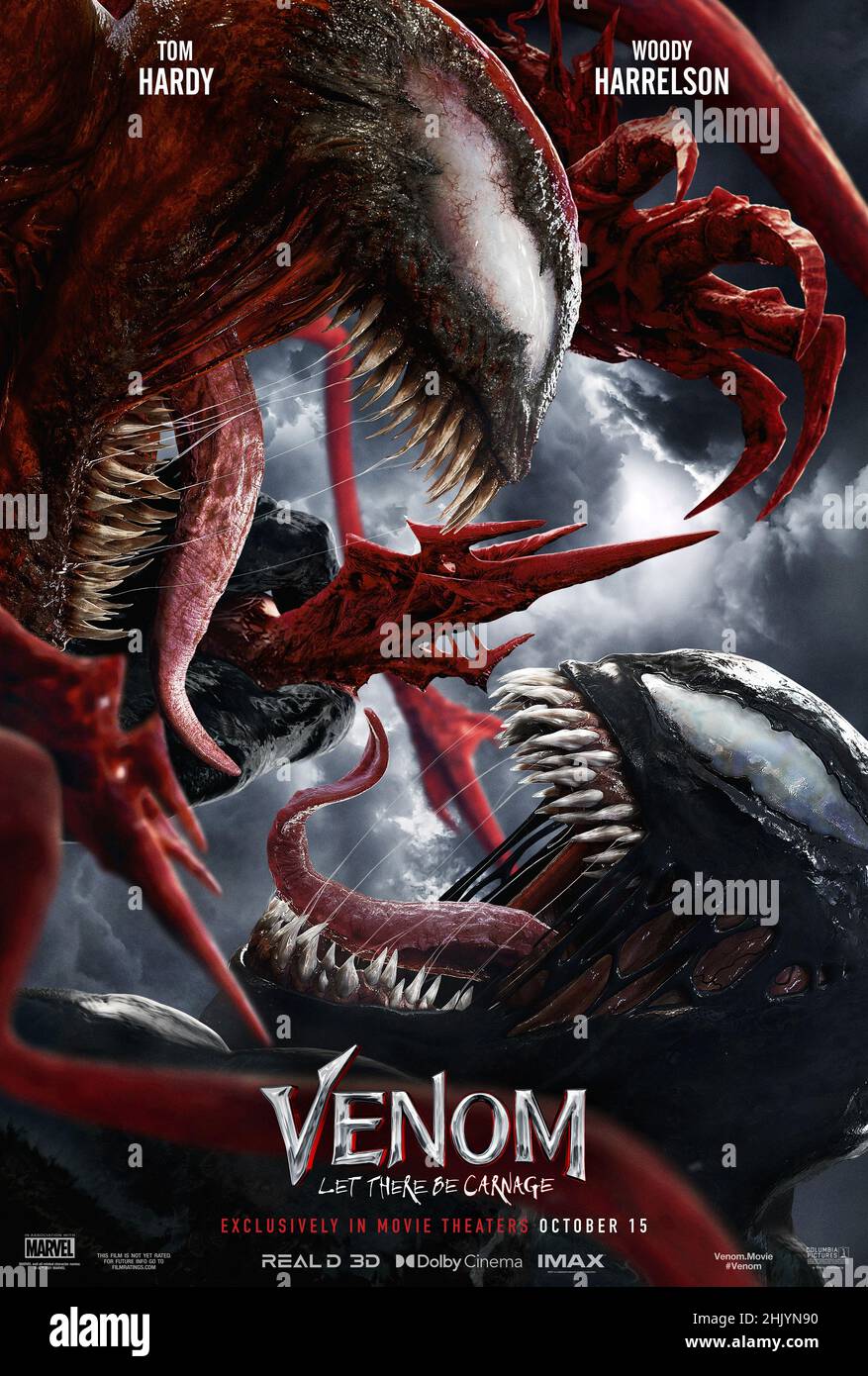 Venom: Let There Be Carnage (2021) directed by Andy Serkis and starring Woody Harrelson, Tom Hardy and Michelle Williams. Venom returns to face the villain Carnage in this eagerly awaited sequel. Stock Photo