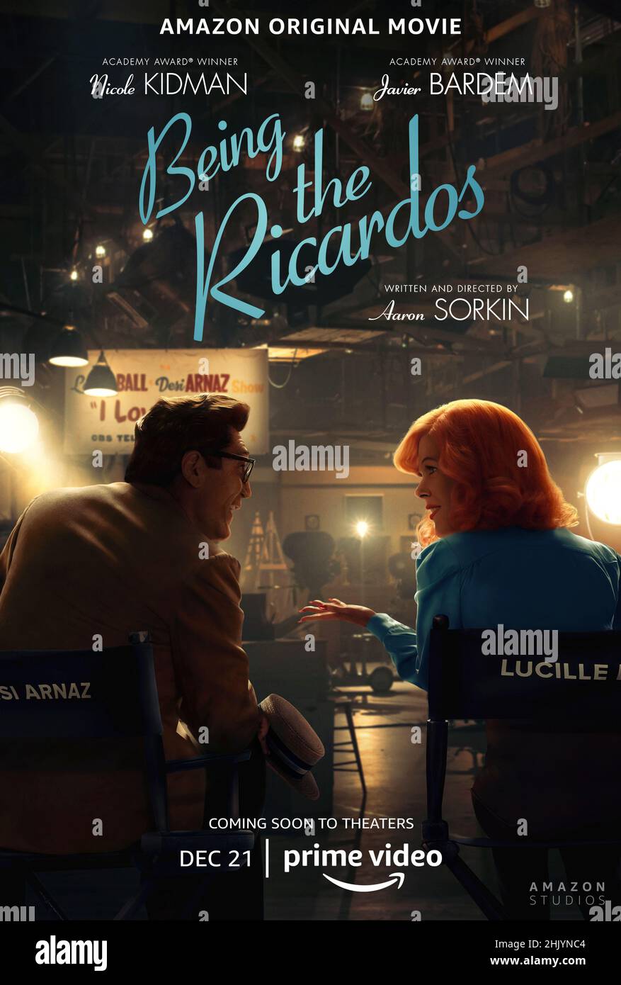 Being the Ricardos (2021) directed by Aaron Sorkin and starring Nicole Kidman, Javier Bardem and JK Simmons. Follows Lucy and Desi as they face a crisis that could end their careers and another that could end their marriage. Stock Photo