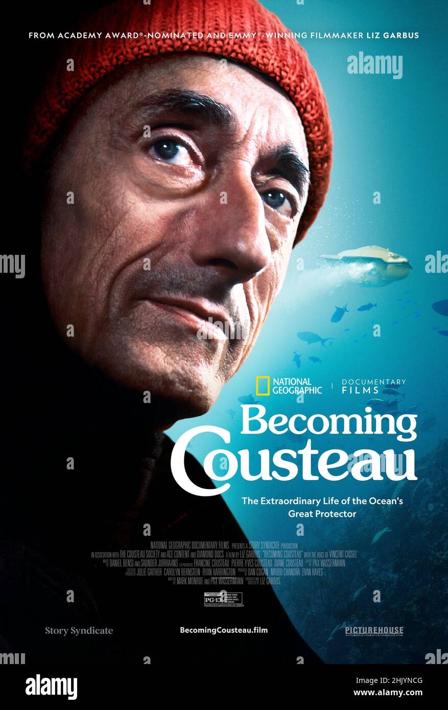 Becoming Cousteau (2021) directed by Liz Garbus and starring Vincent Cassel, Carol Burnett and Louis Malle. Documentary about the life, passions, achievements and tragedies surrounding the famous explorer and environmentalist Jacques Cousteau, featuring an archive of his newly restored footage. Stock Photo