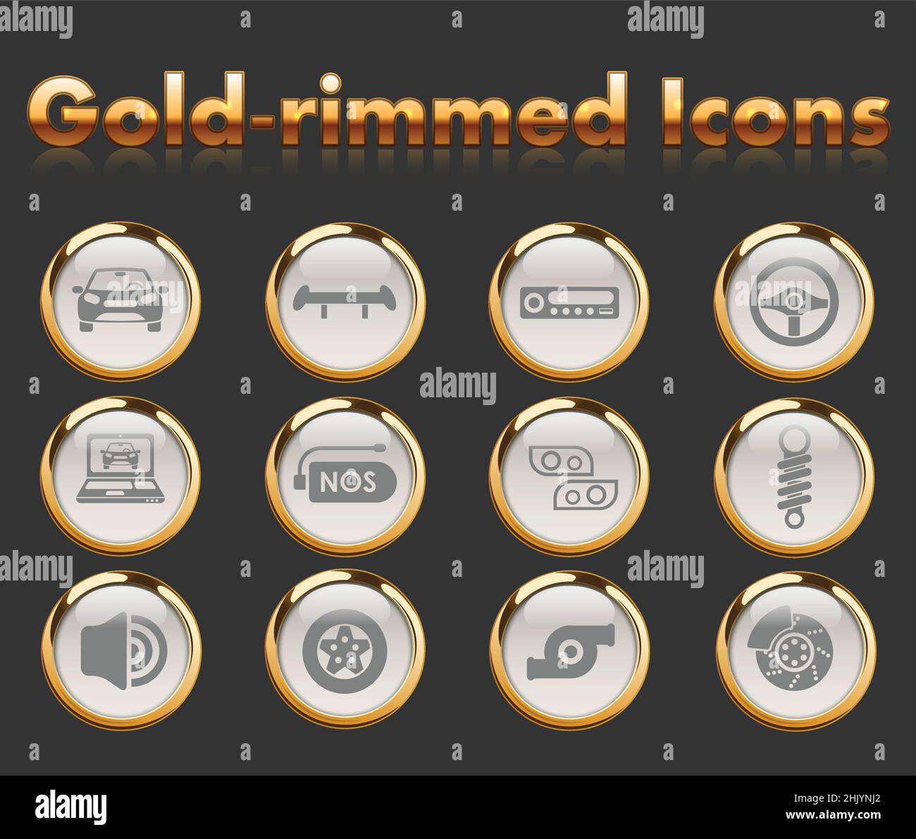 auto tuning gold-rimmed vector icons with black background Stock Vector ...