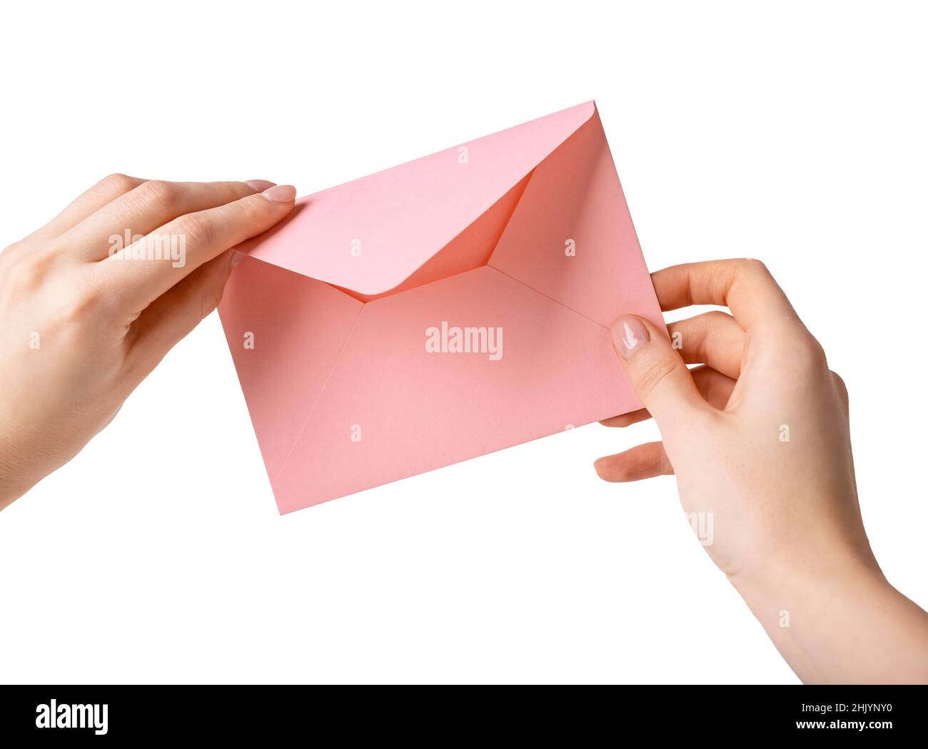 Woman hands holding and opening pink love letter isolated on white background. Valentines day concept. High quality photo Stock Photo