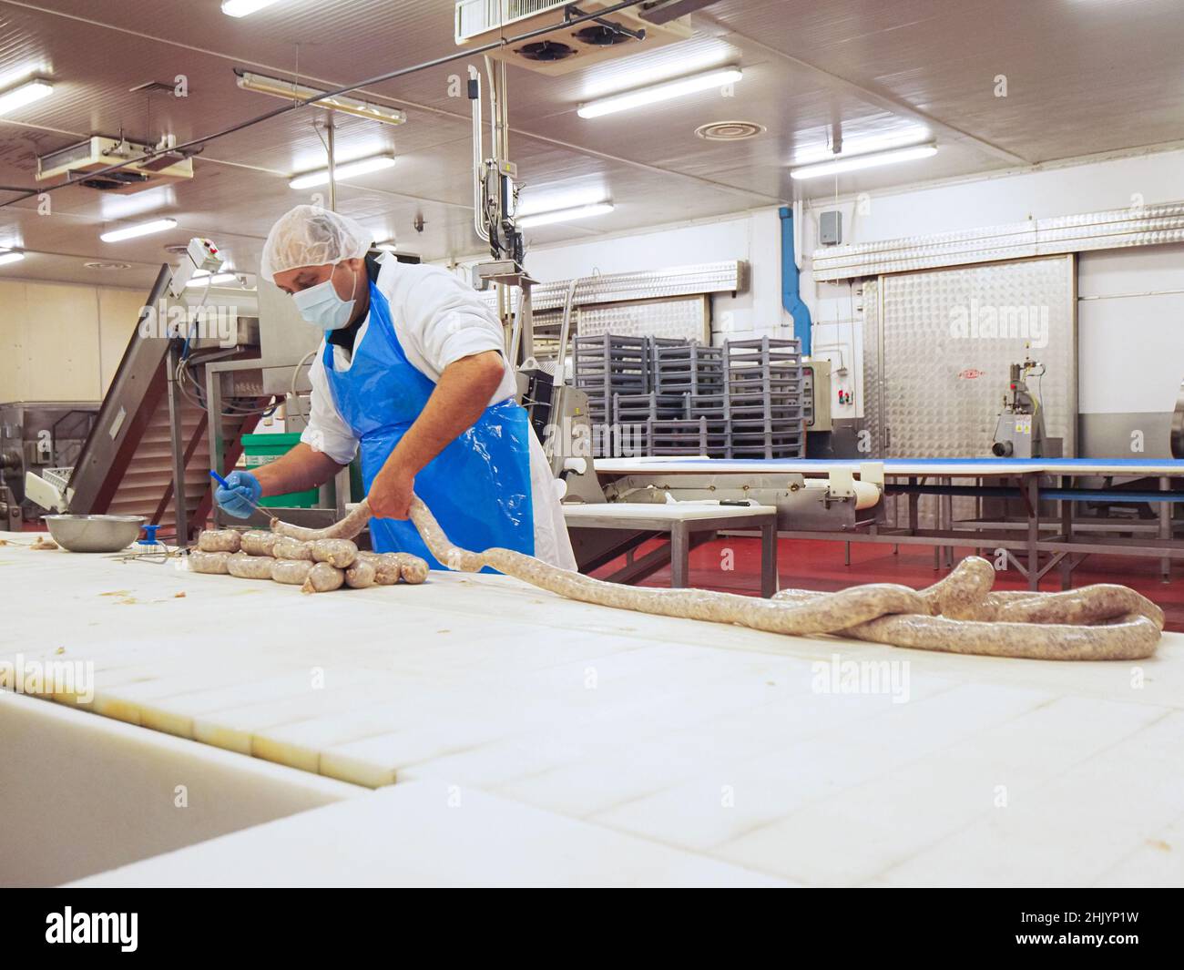 Factory Stuffing worker manufacturing, stuffing and tying sausages, salme and chorizo in ...