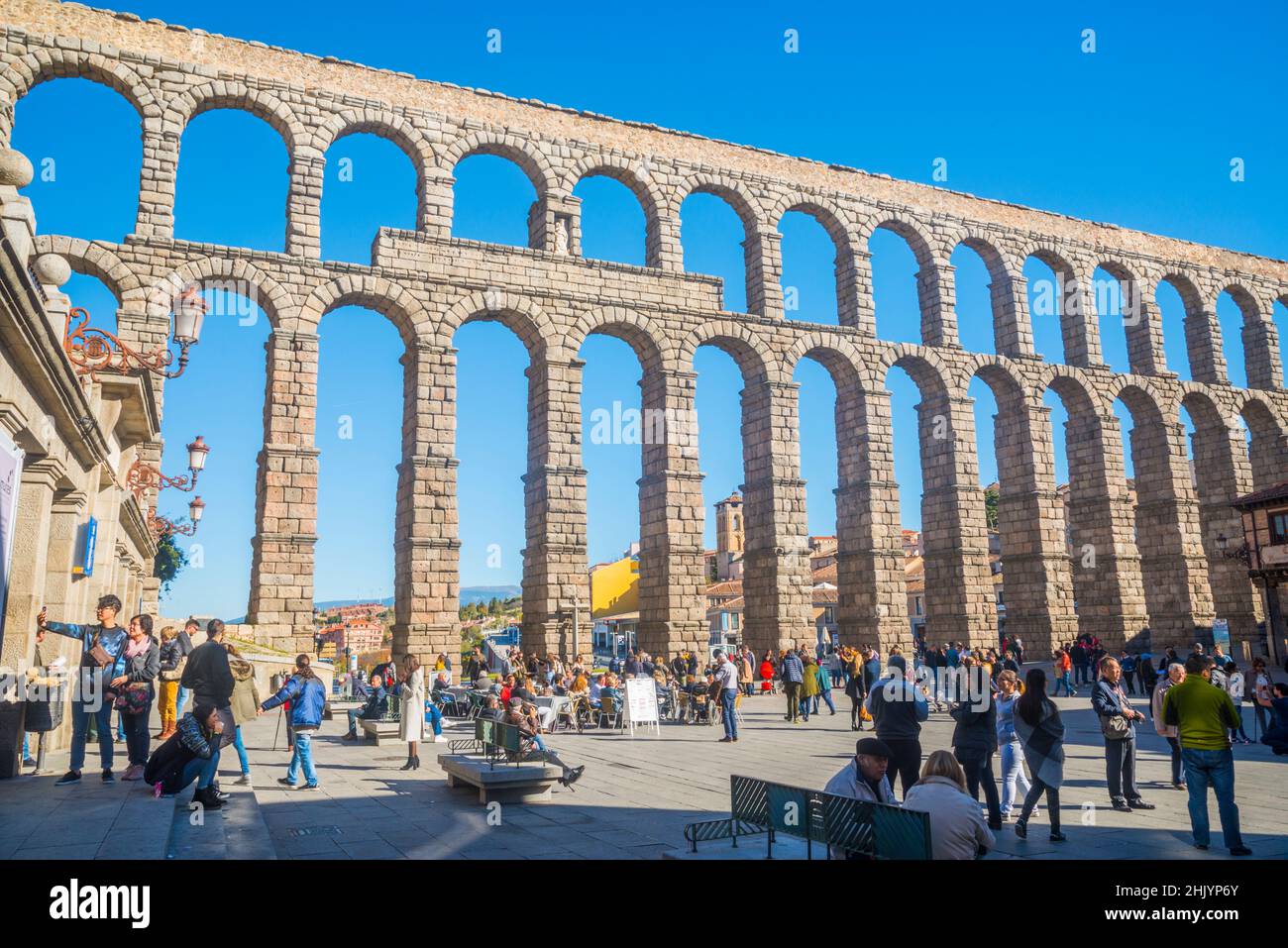 Roman Aqueduct. Azoguejo Square, Segovia, Spain. Stock Photo