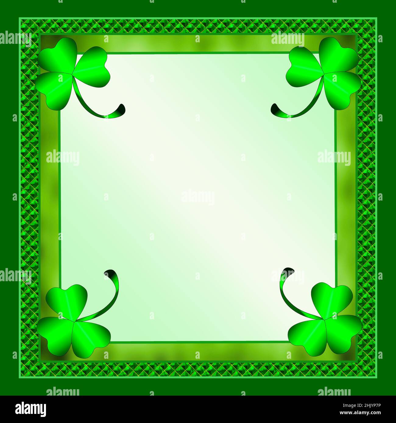 St. Patrick's Day Square Background with Bright Large Shamrocks and Fancy green patterned borders. Stock Photo