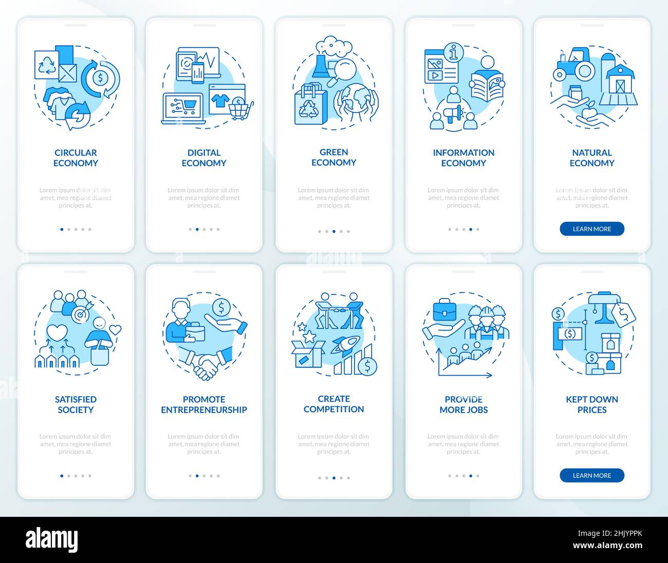 Economic systems blue onboarding mobile app screen set Stock Vector