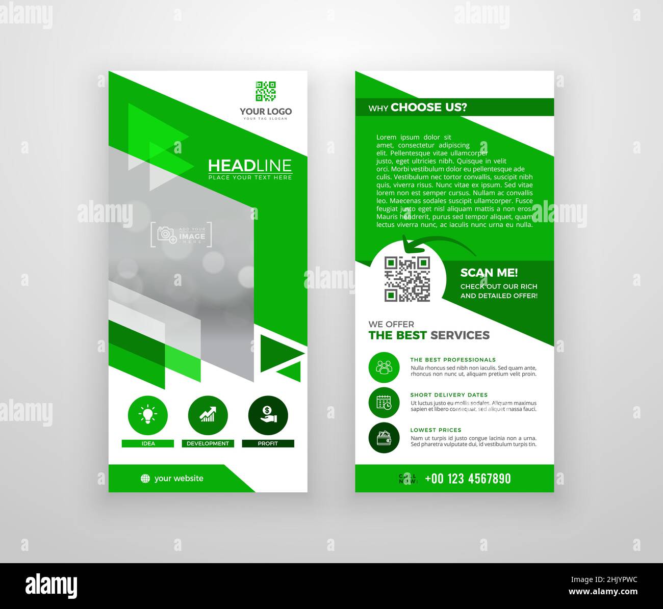 Double-sided DL flyer design. Brochure or flyer template. Layout with modern elements and photo space. Stock Vector