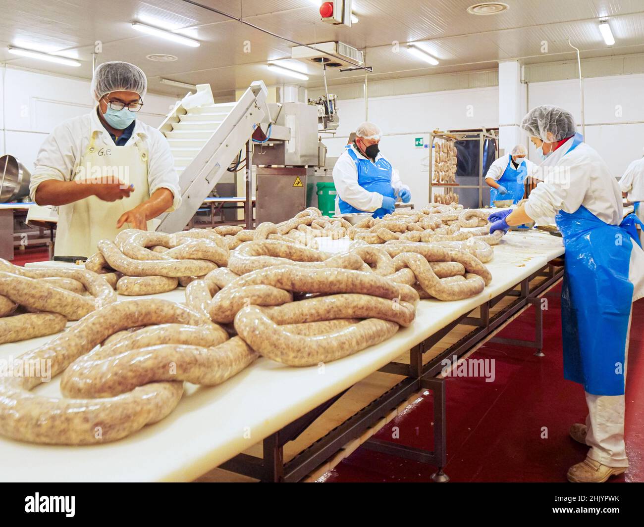 Factory Stuffing worker manufacturing, stuffing and tying sausages, salme and chorizo in ...