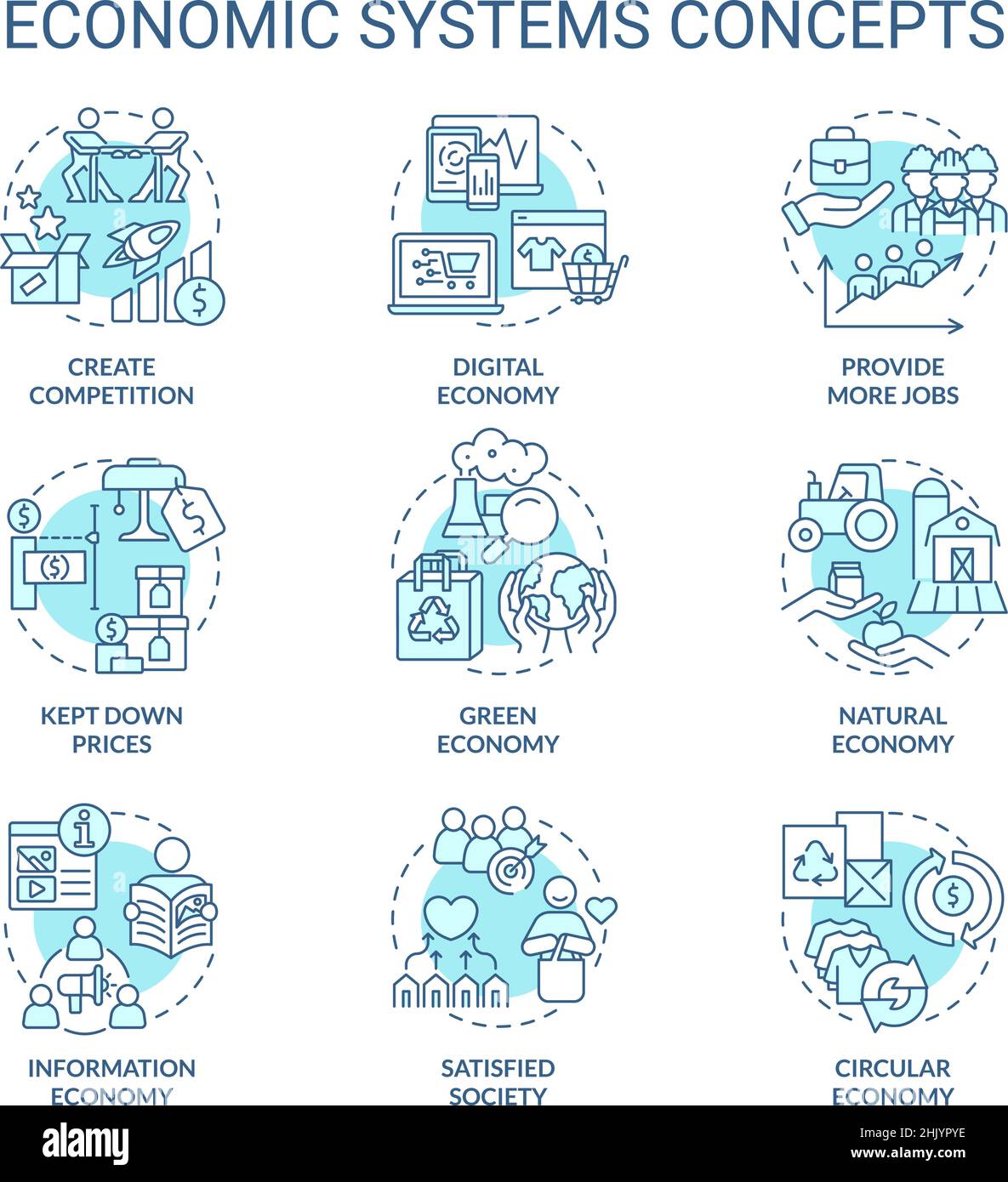 Economic systems turquoise concept icons set Stock Vector