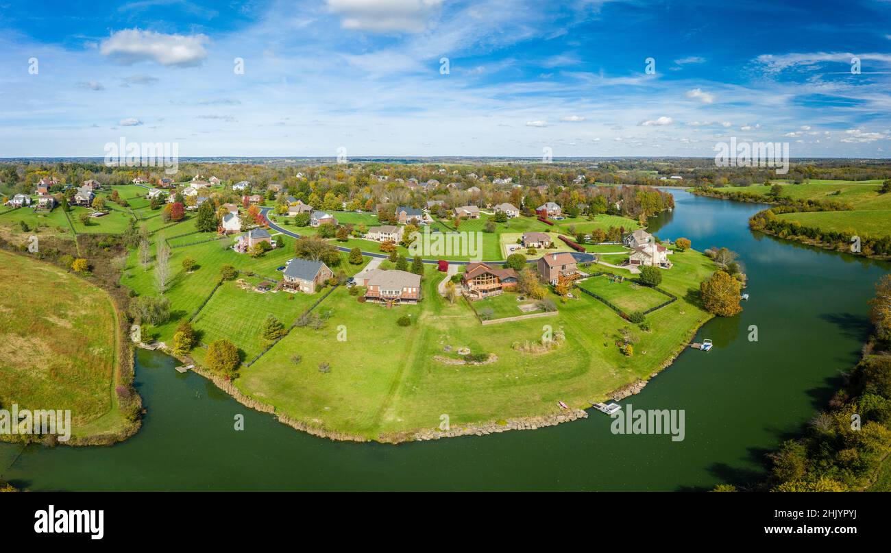 Aerial footage of residential subdivision by a lake in Central Kentucky in fall Stock Photo