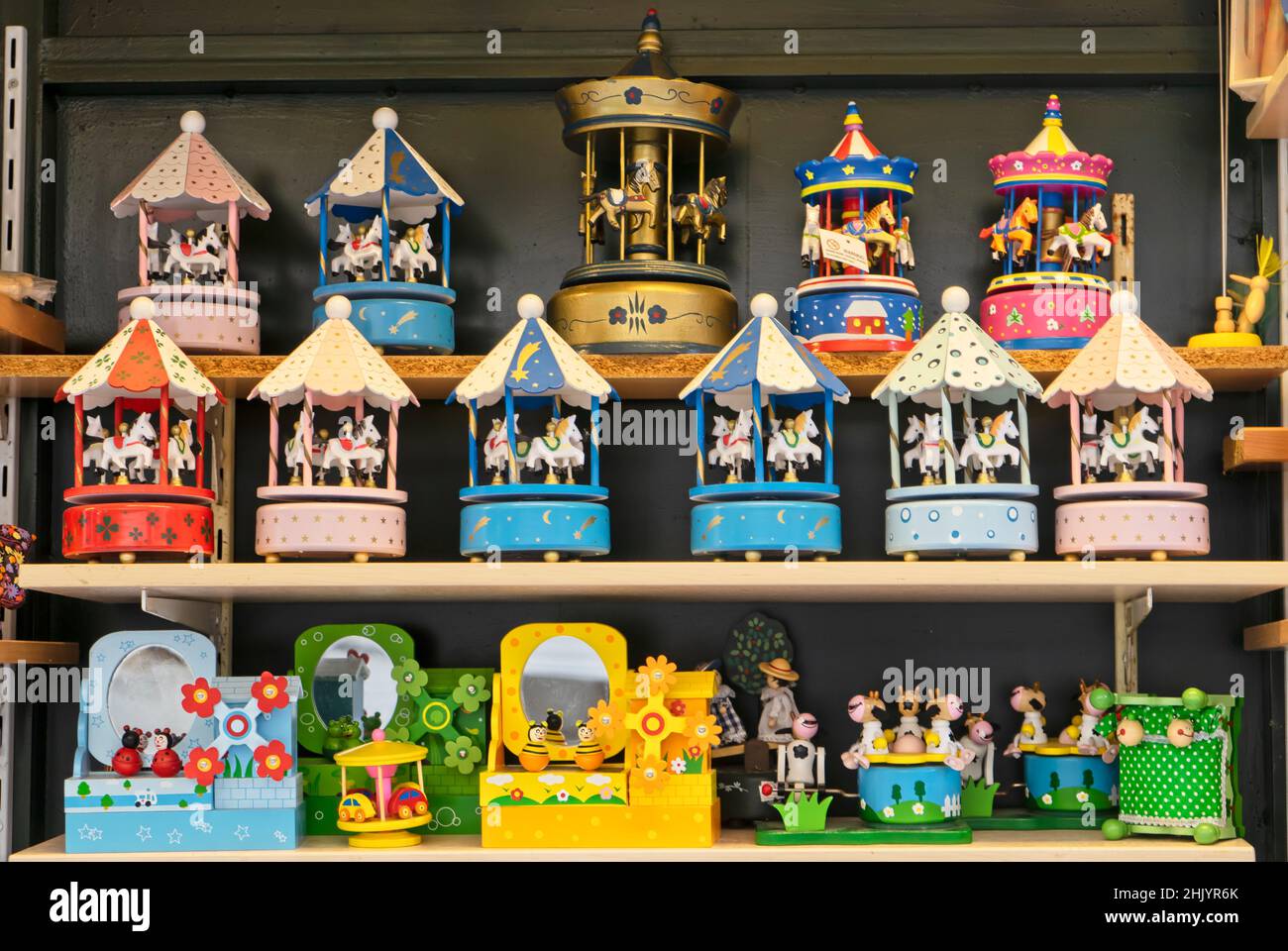 Small store in the old town of Kerkira (Corfu) of toys, carillons, and carousels. Greece Stock Photo