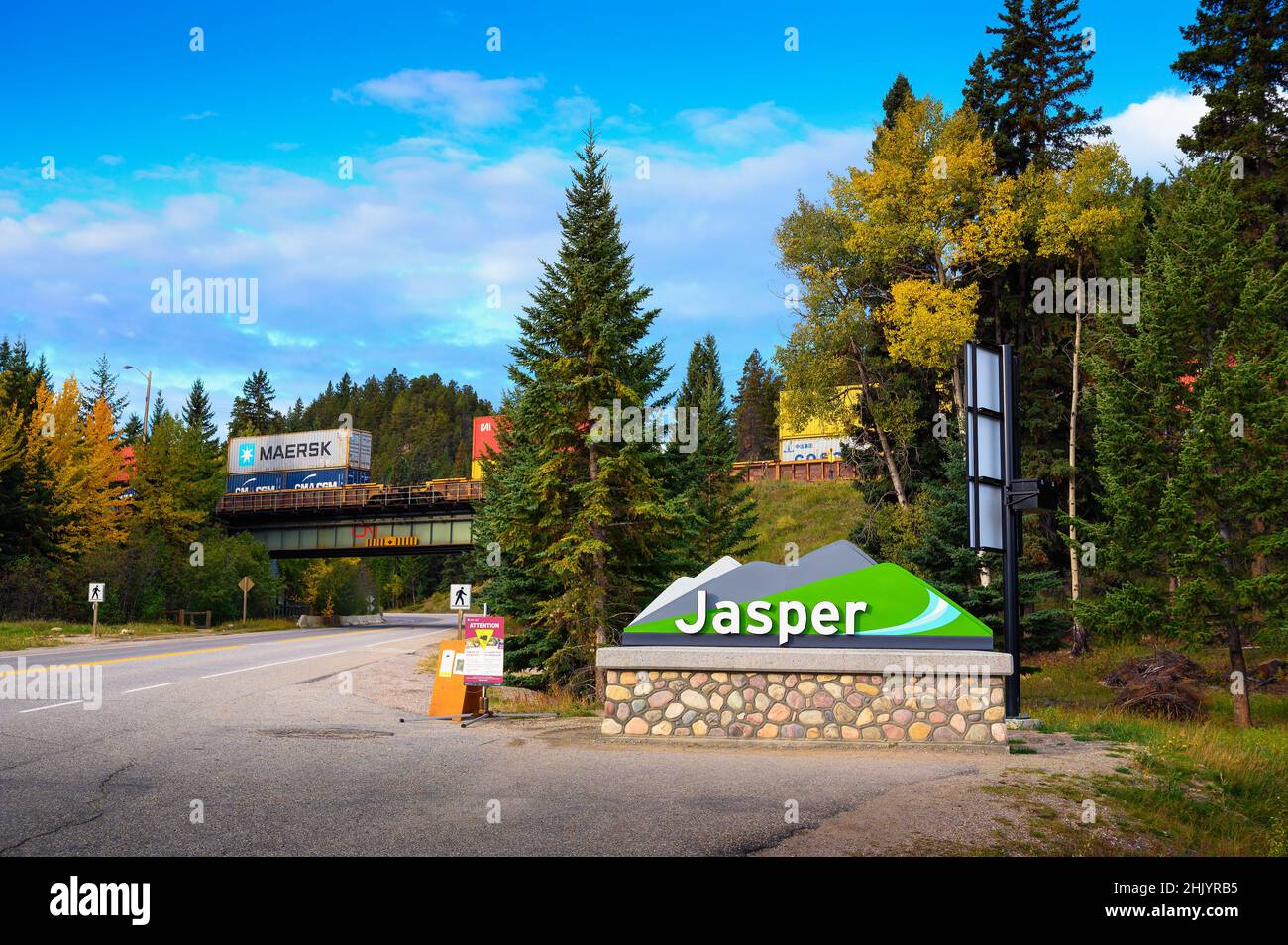 Welcome sign to the village of Jasper located within the Canadian Rockies Stock Photo