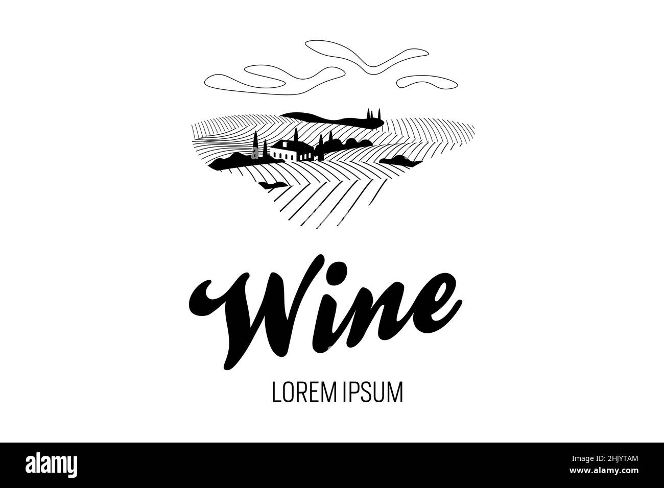 Vineyard wine grape hill farm logotype concept. Alcohol label romantic rural landscape in sunny day with villa, vineyard fields, plantation hills, farms, meadows and trees. Vector eps monochrome logo Stock Vector