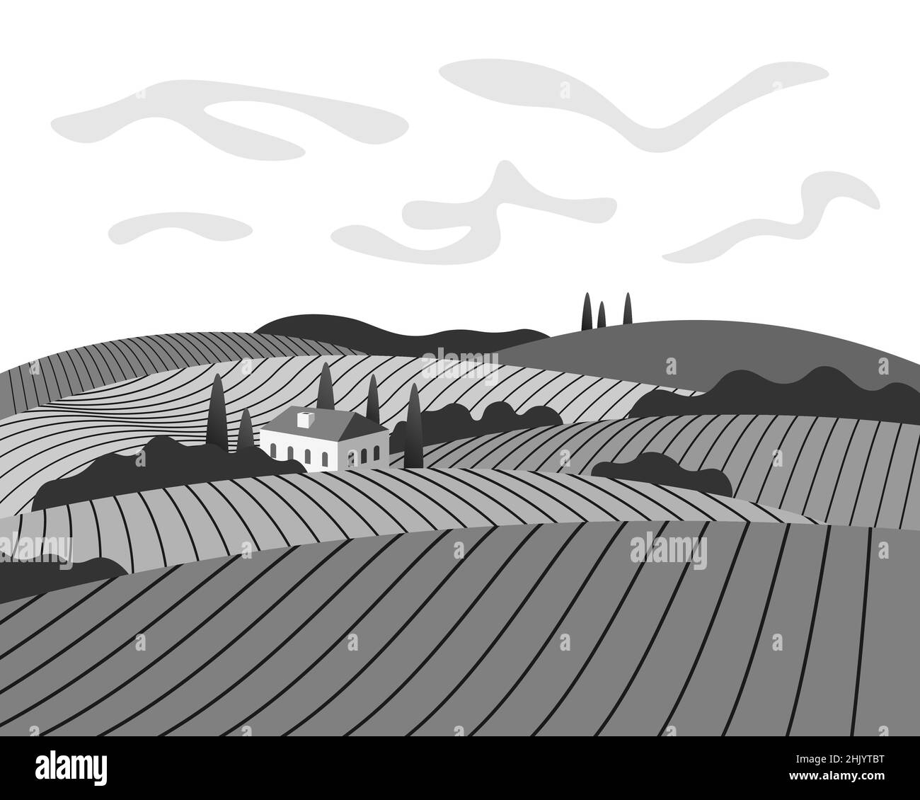Vineyard wine grapes hills farm banner concept. Romantic rural vines plantation rows landscape with villa, fields, meadows and trees. Vector eps black and white growing grapevine illustration Stock Vector