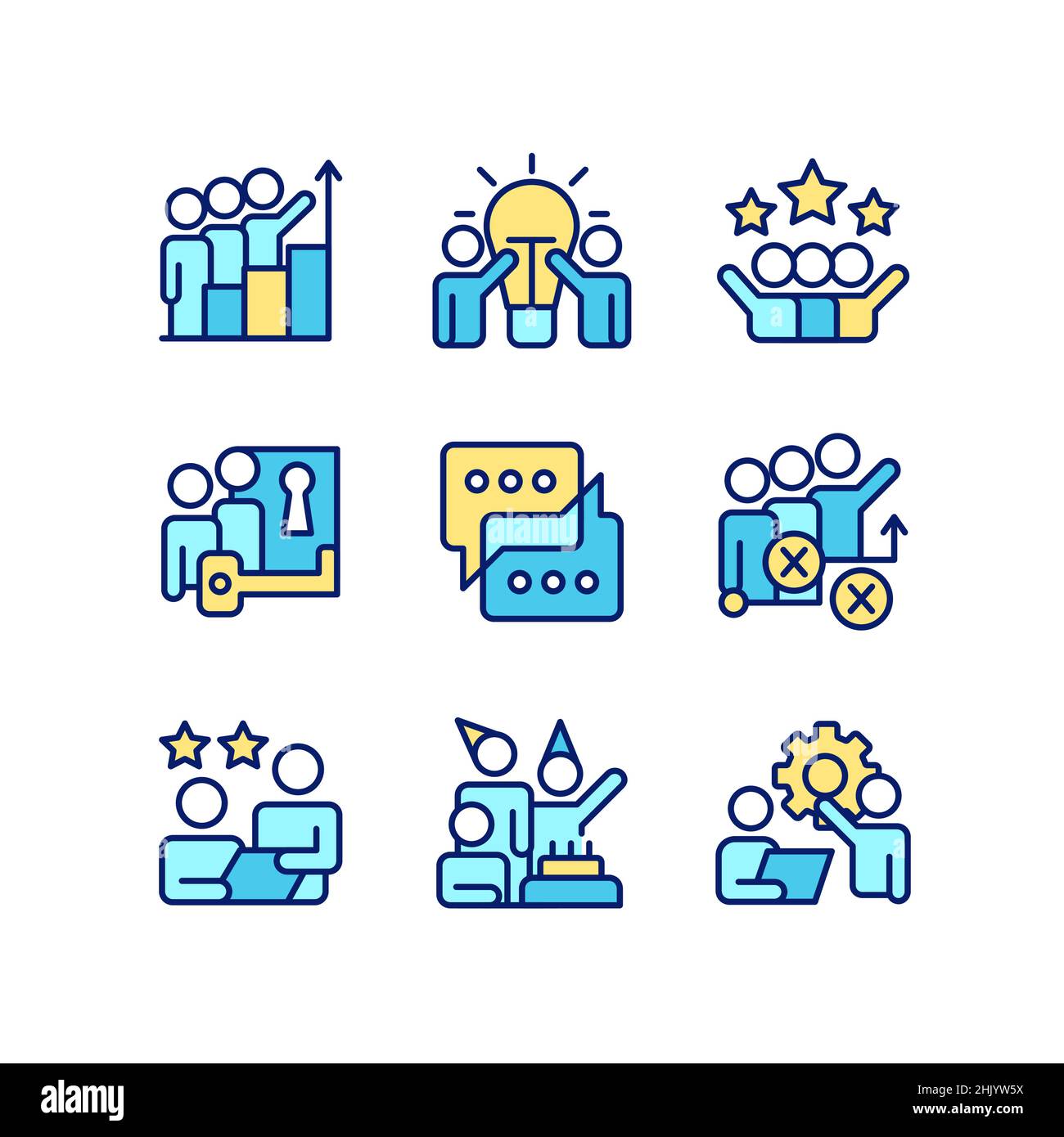 Team activity pixel perfect RGB color icons set Stock Vector