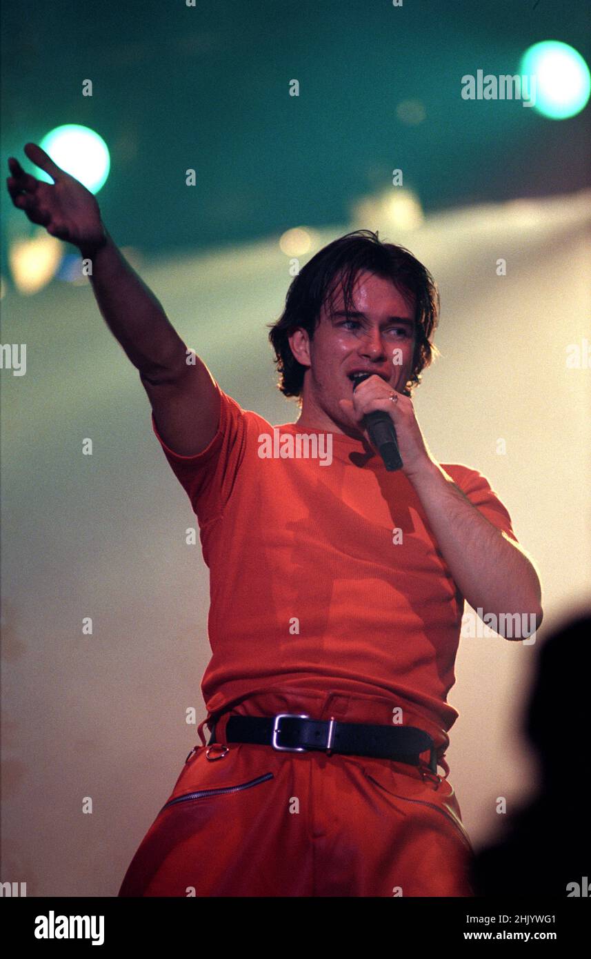 Boyzone, Stephen Gately on stage at The V96 Concert held in Chelmsford, UK. 26th August 1996 Stock Photo