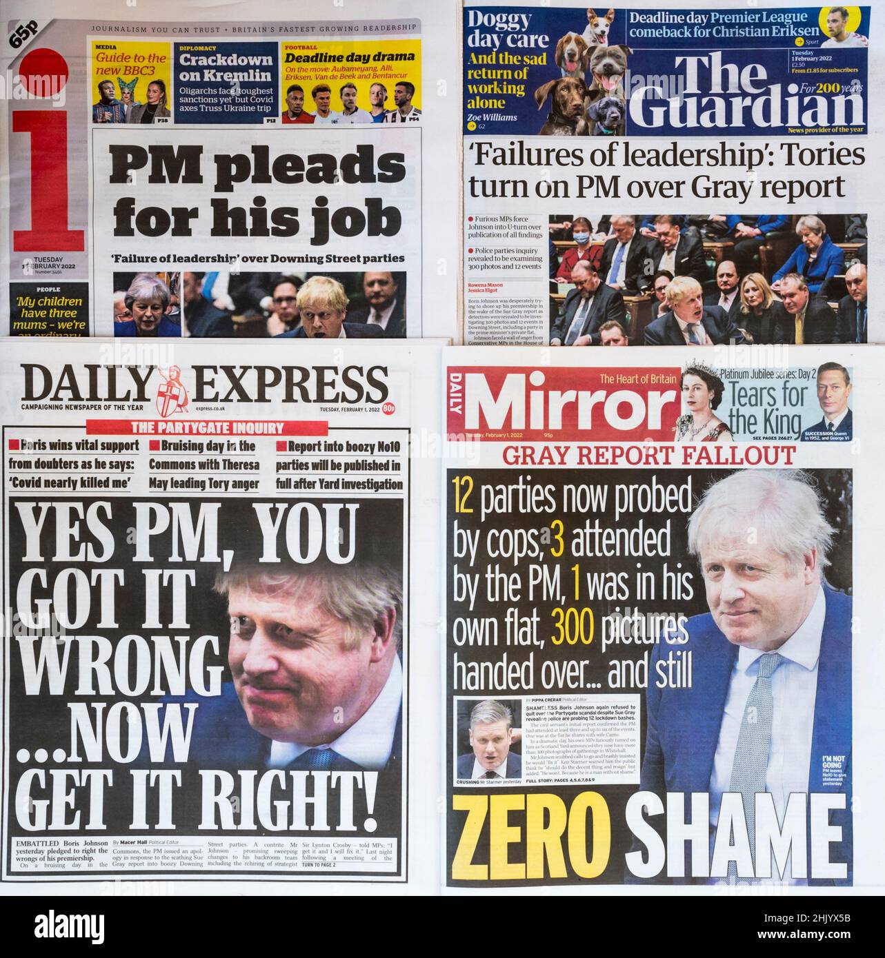1 Feb 2022. Newspaper headlines after the Gray report into Covid lockdown rule breaking by Boris Johnson & Downing Street. Stock Photo