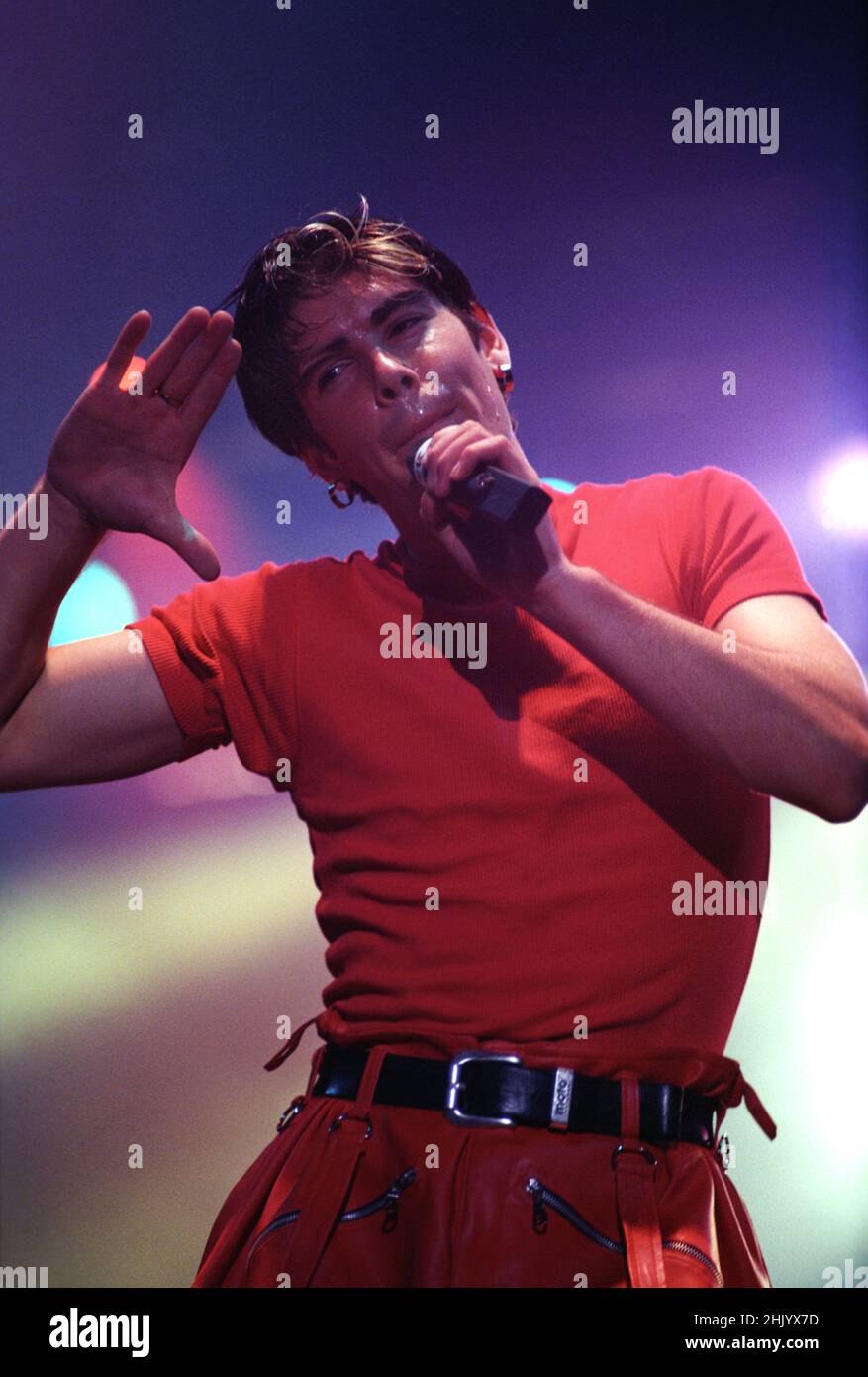 Boyzone, Shane Lynch on stage at The V96 Concert held in Chelmsford, UK. 26th August 1996 Stock Photo