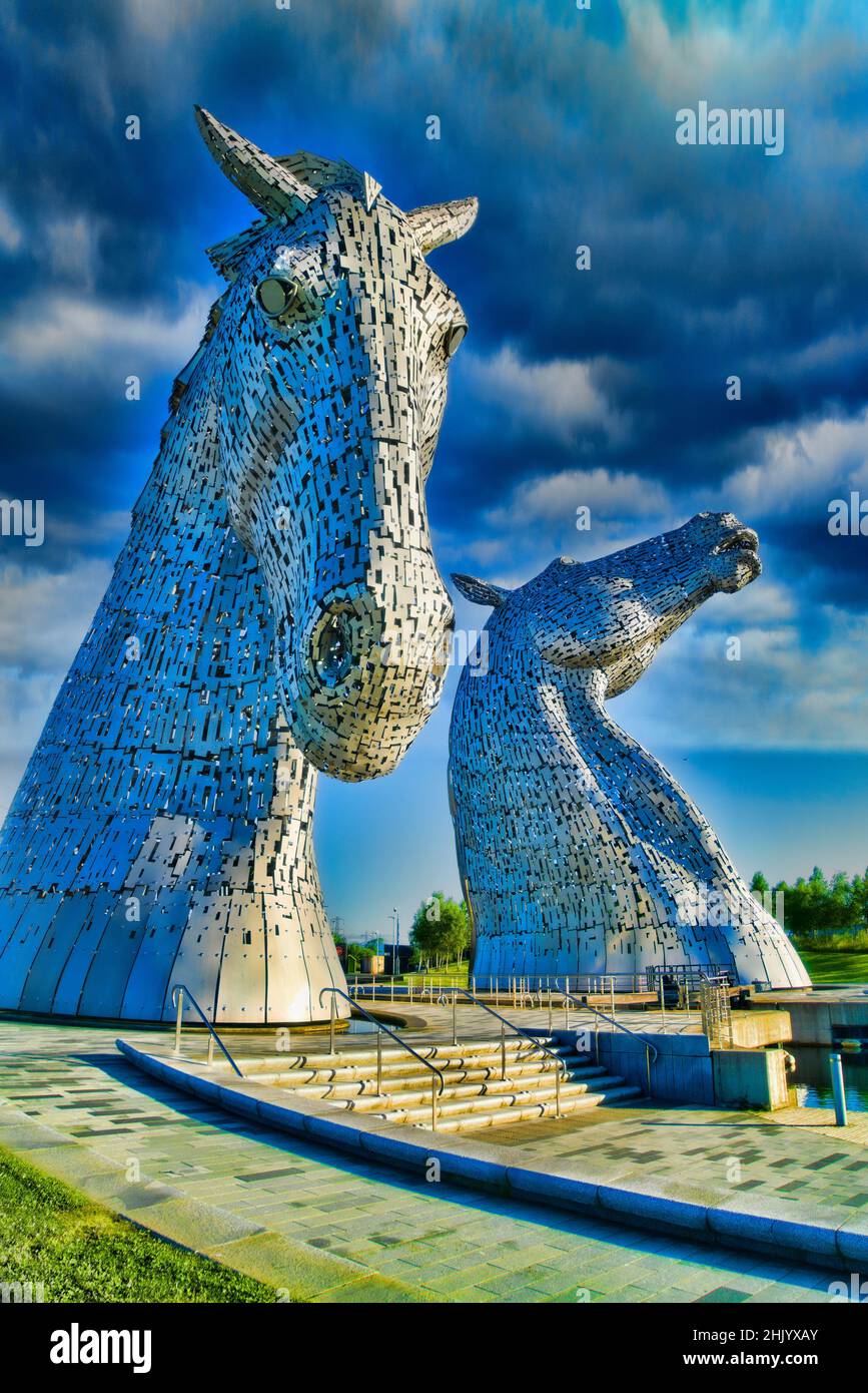 The Kelpies  on Forth and Clyde Canal . Kelpie art.  Dramatic Digitally manipulated version,  Helix Public Park,  Falkirk, Stirlingshire, Central, Sco Stock Photo